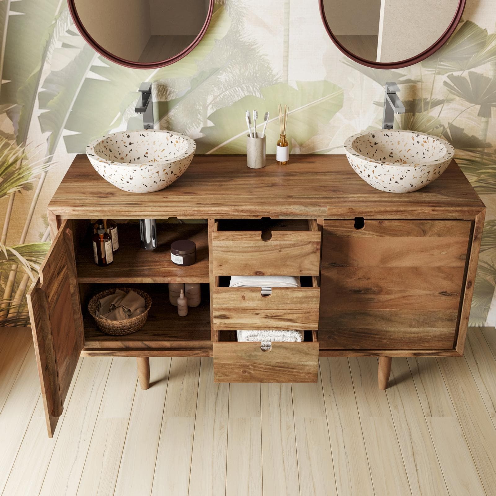 Mobile bagno a terra 145 cm portalavabo con ante a vani a giorno in legno di acacia - Kuna