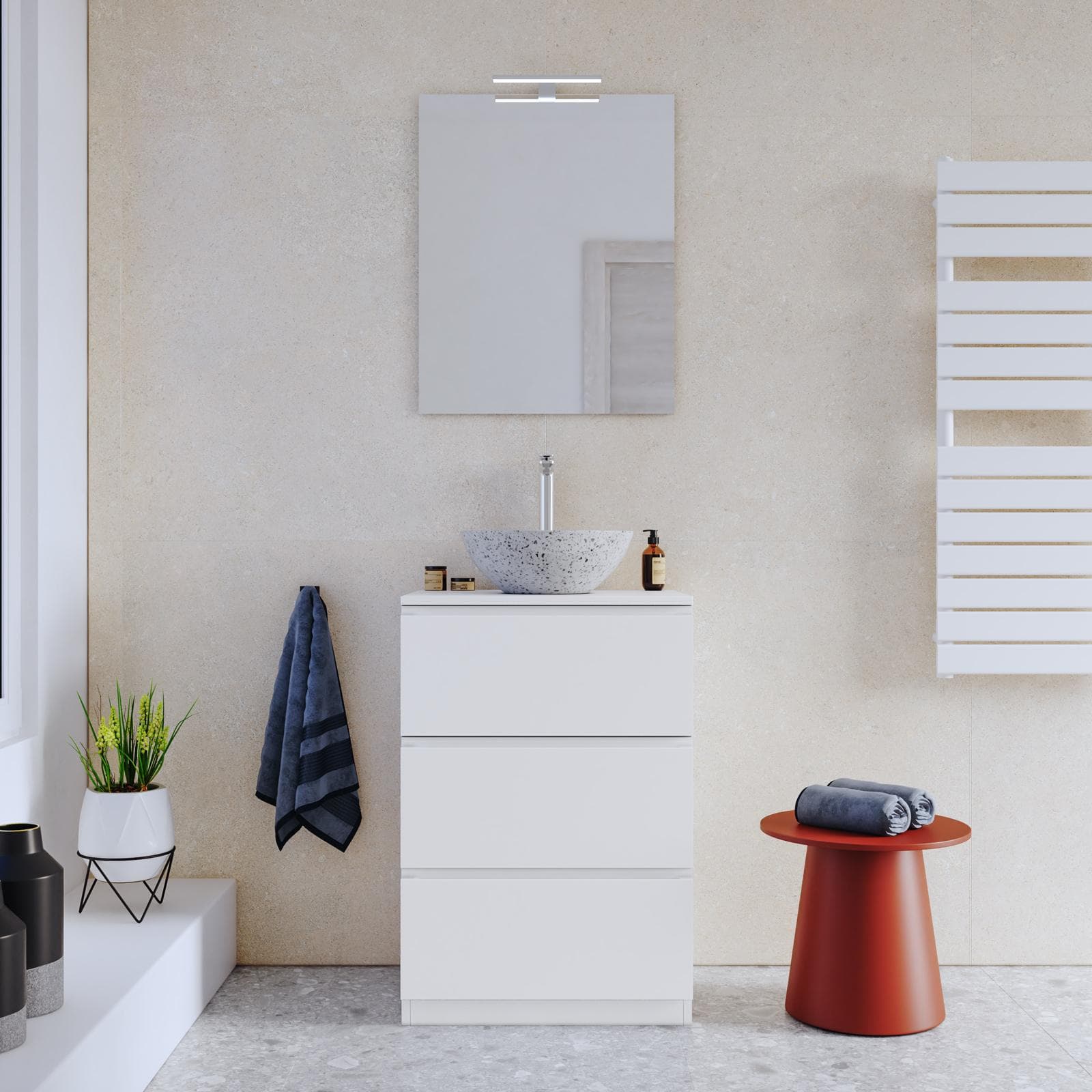 Mobile bagno a terra 60 cm 3 cassetti bianco opaco con top e specchio - Calen