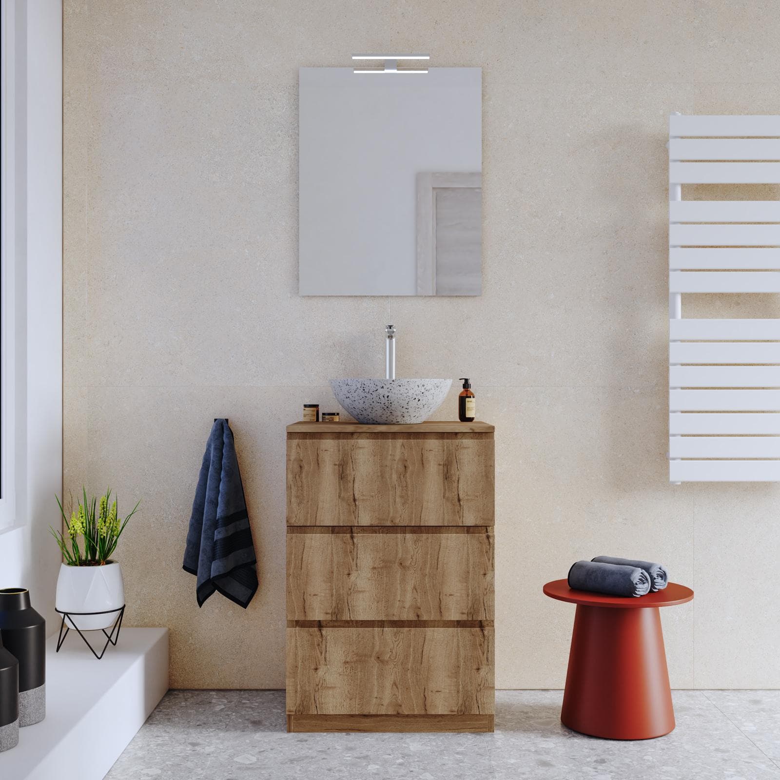 Mobile bagno a terra 60 cm 3 cassetti rovere america con top e specchio - Calen