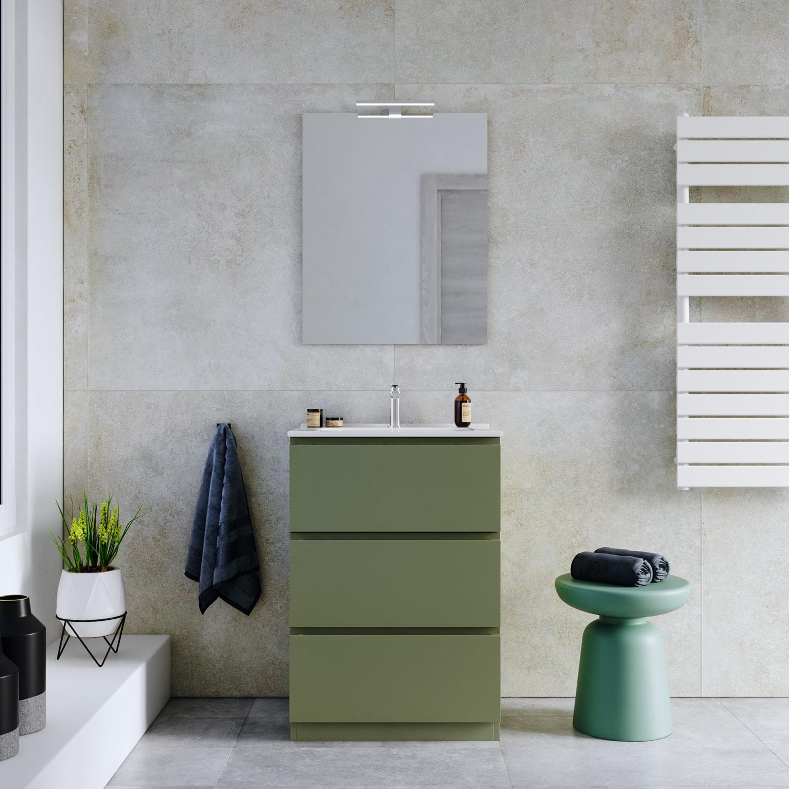 Mobile bagno a terra 60 cm 3 cassetti verde nordico con lavabo e specchio - Calen
