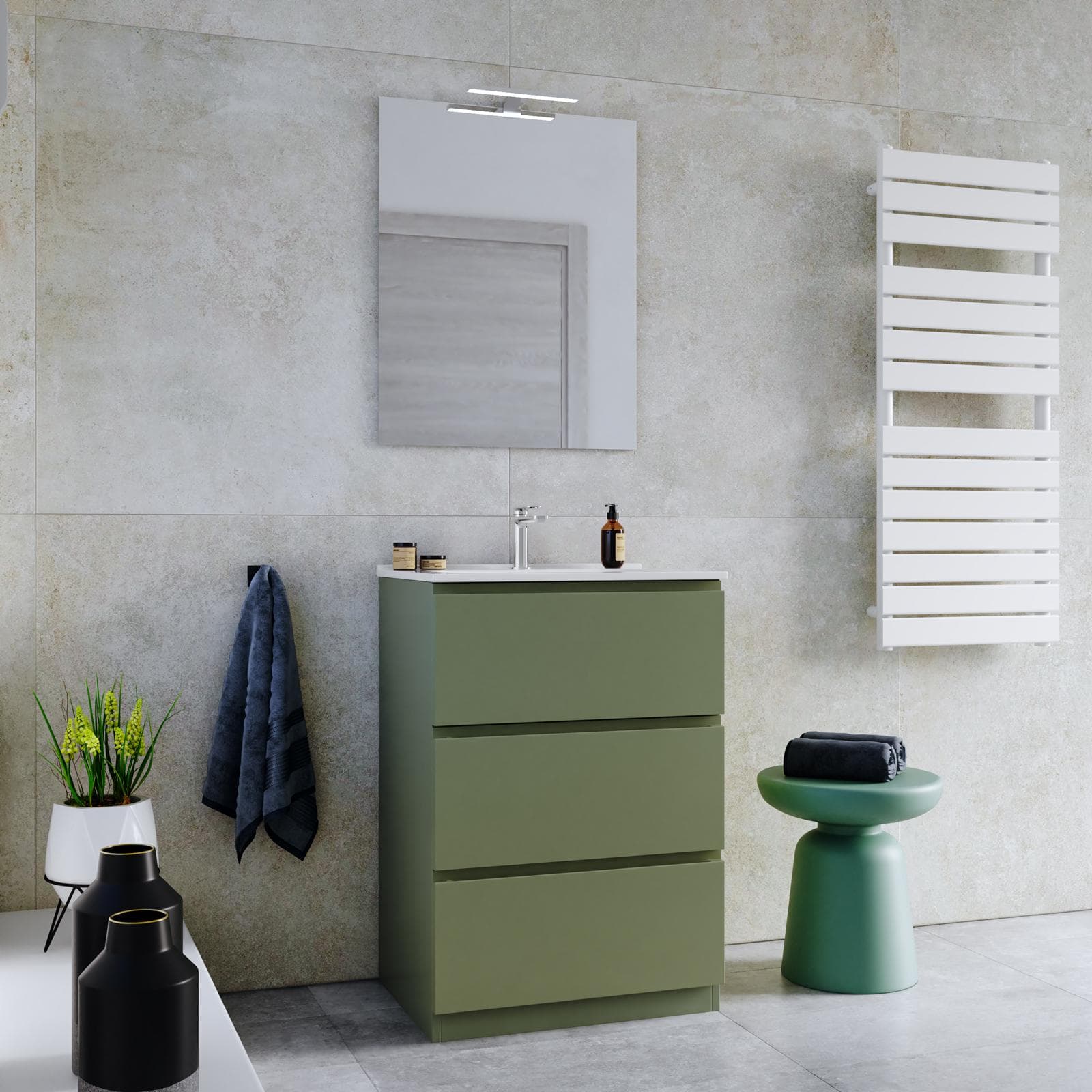 Mobile bagno a terra 60 cm 3 cassetti verde nordico con lavabo e specchio - Calen