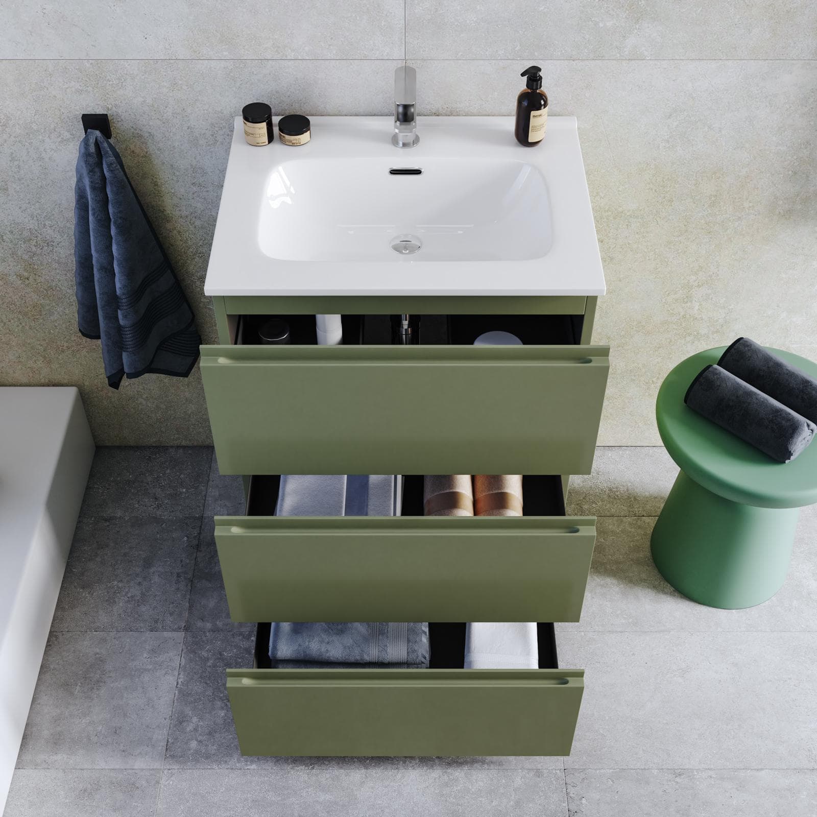 Mobile bagno a terra 60 cm 3 cassetti verde nordico con lavabo e specchio - Calen
