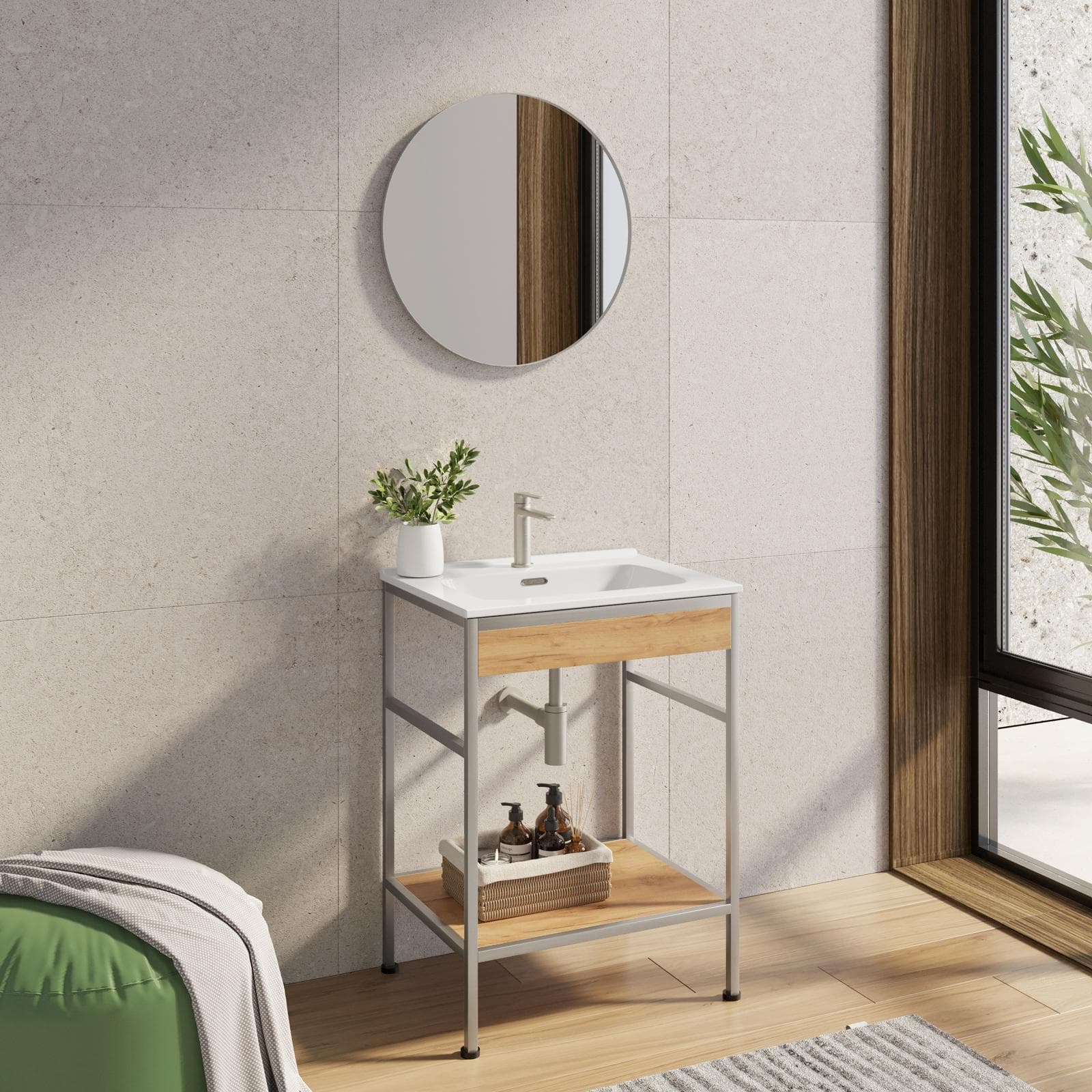 Mobile bagno a terra 60 cm acciao inox satinato e rovere con lavabo integrato e specchio - Axis
