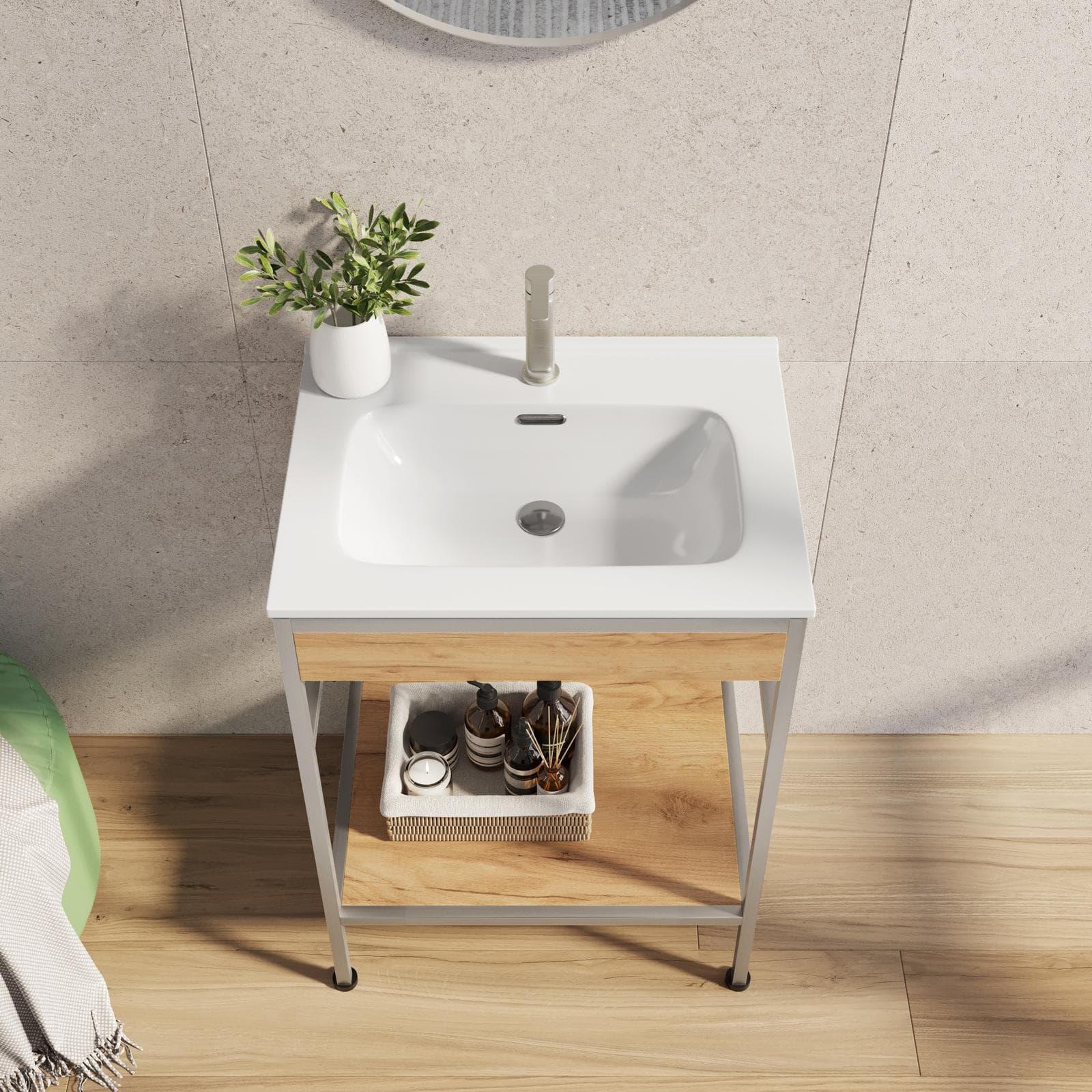 Mobile bagno a terra 60 cm acciao inox satinato e rovere con lavabo integrato e specchio - Axis