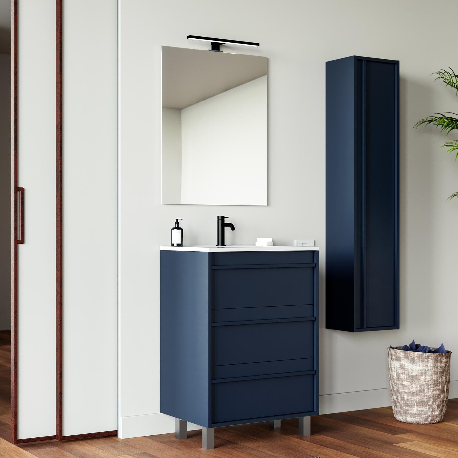 Mobile bagno a terra 60 cm blu satinato con lavabo e specchio - Maestro