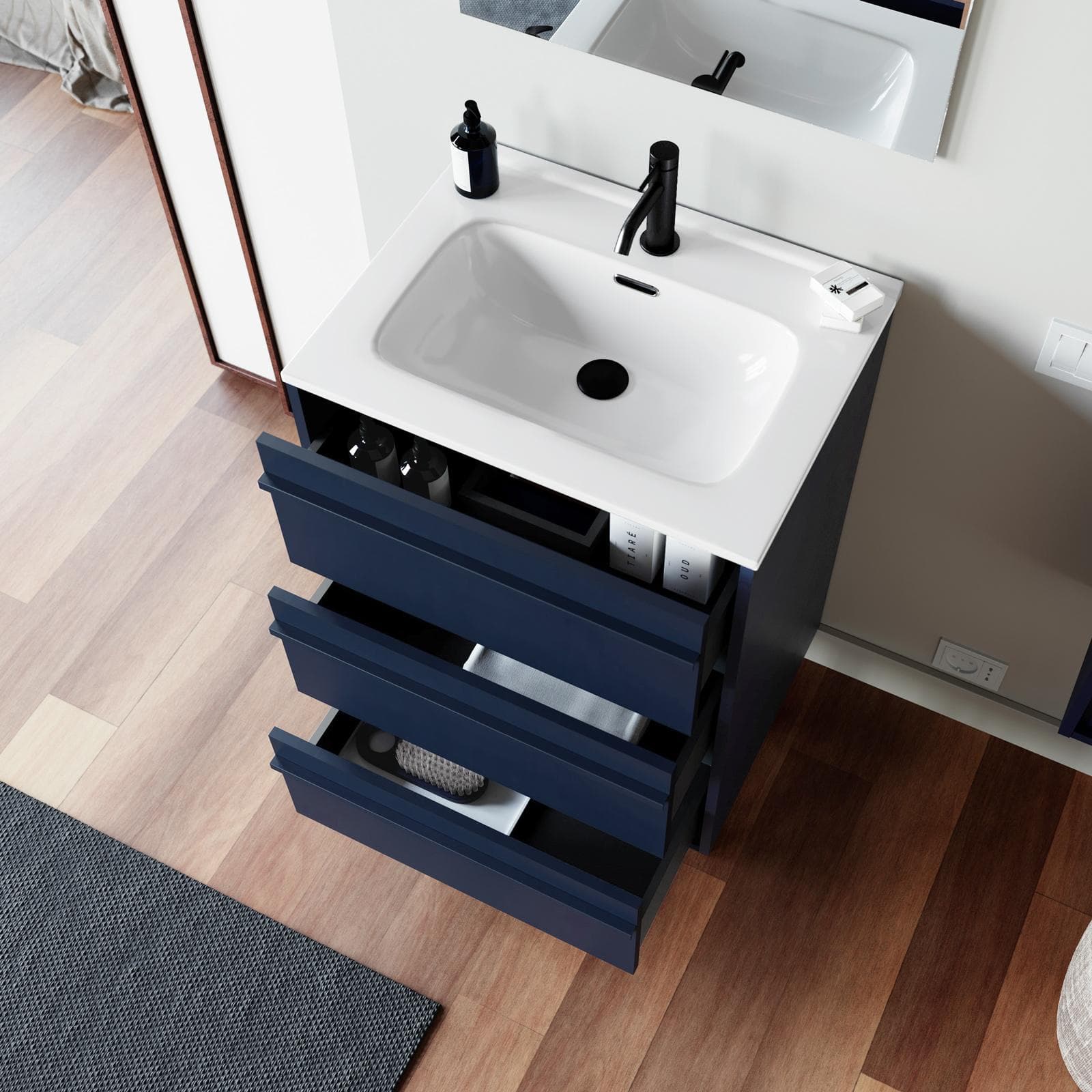Mobile bagno a terra 60 cm blu satinato con lavabo e specchio - Maestro