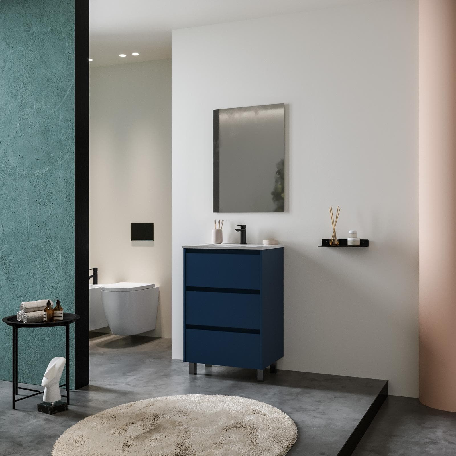 Mobile bagno a terra 60 cm blu satinato con lavabo e specchio - Libras