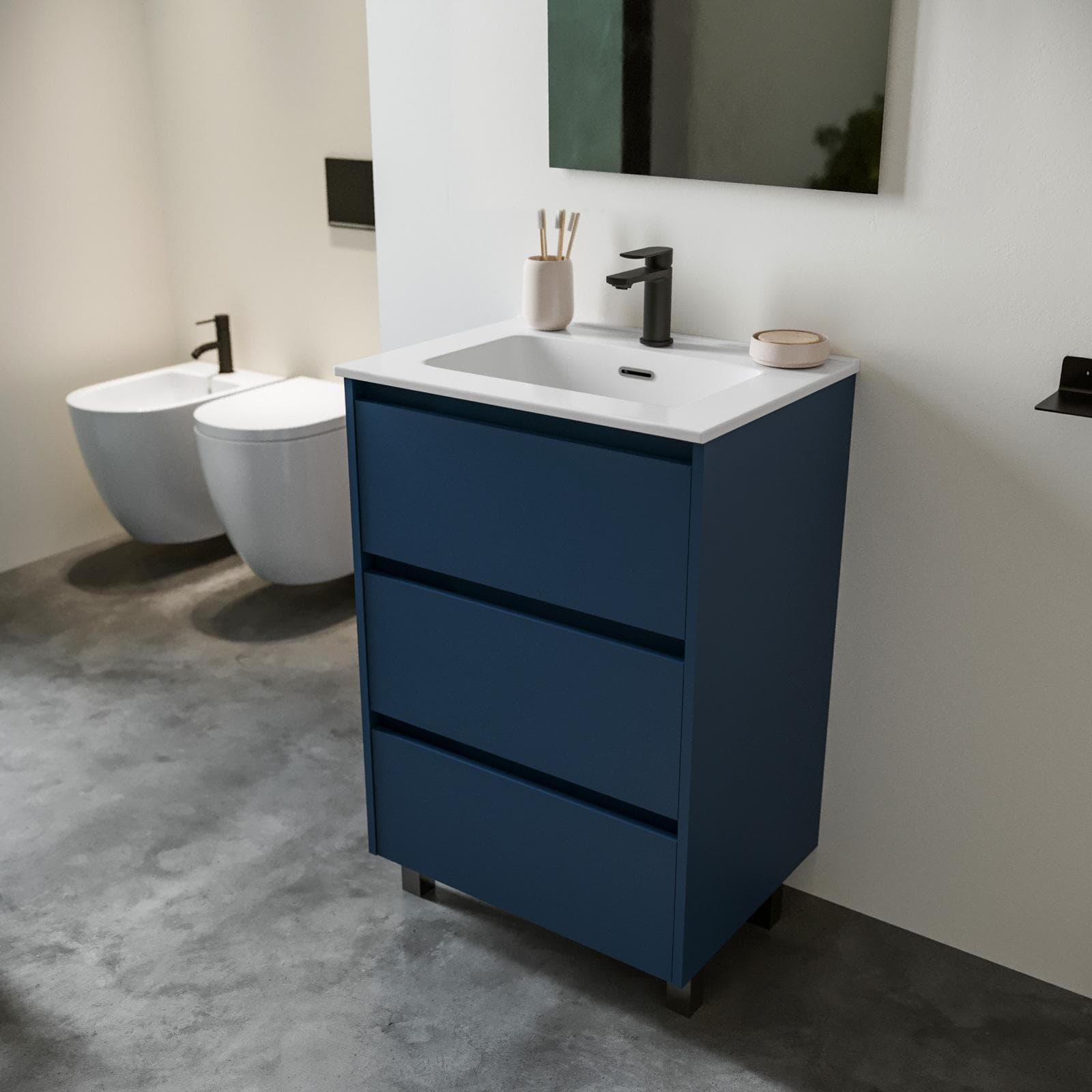 Mobile bagno a terra 60 cm blu satinato con lavabo e specchio - Libras