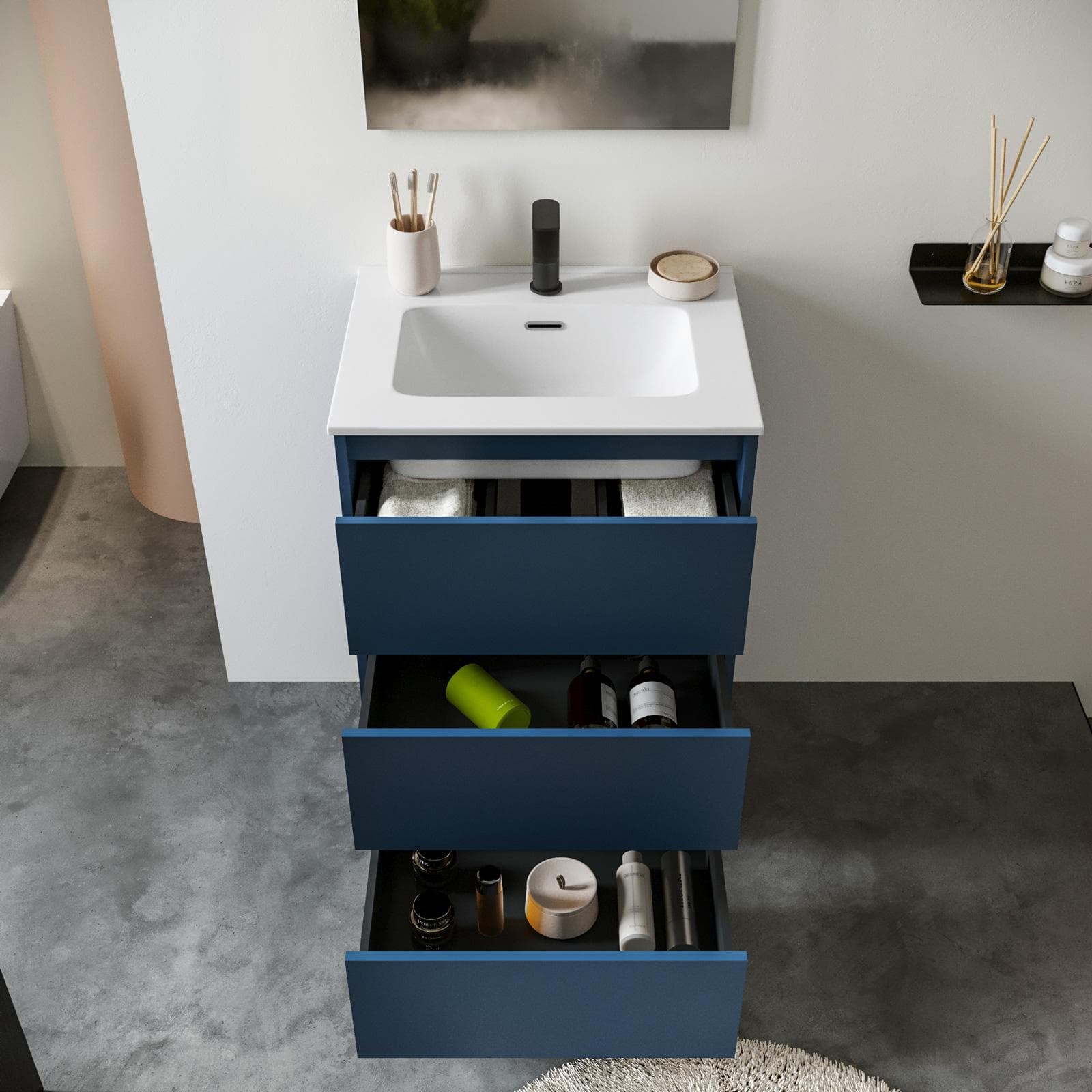 Mobile bagno a terra 60 cm blu satinato con lavabo e specchio - Libras