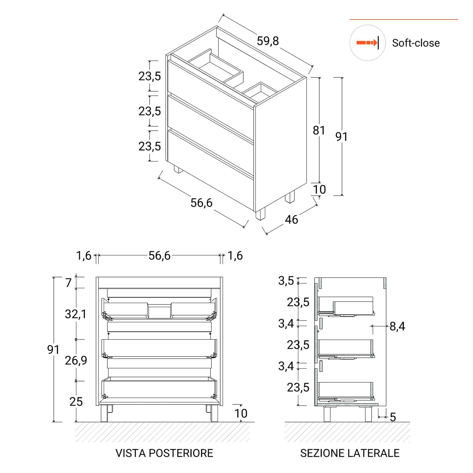 Mobile bagno a terra 60 cm blu satinato con lavabo e specchio - Libras