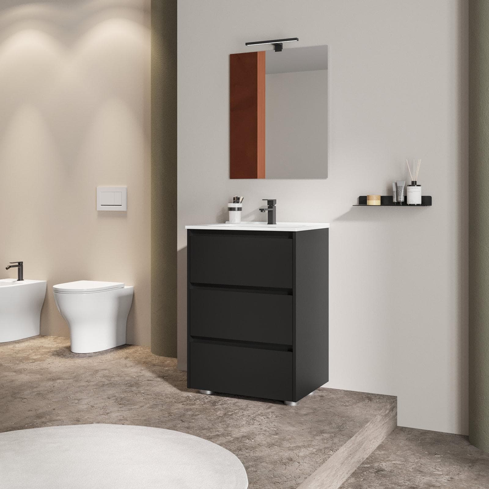 Mobile bagno a terra 60 cm con tre cassetti nero satinato con lavabo e specchio - Libras