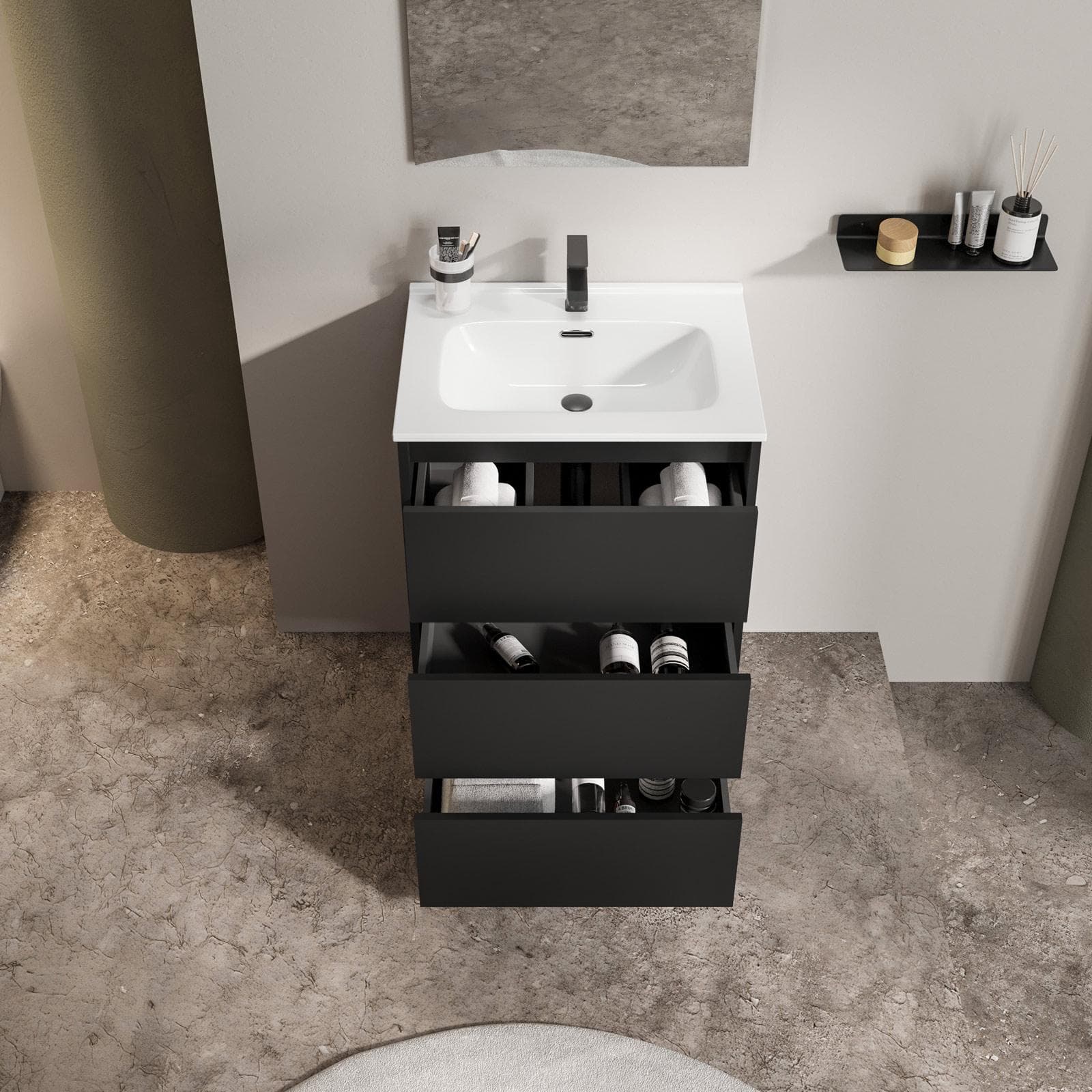 Mobile bagno a terra 60 cm con tre cassetti nero satinato con lavabo e specchio - Libras