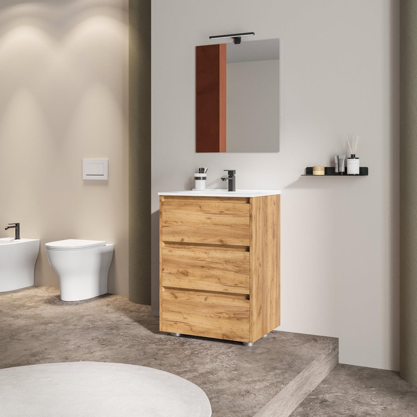 Mobile bagno a terra 60 cm con tre cassetti rovere africa con lavabo e specchio - Libras