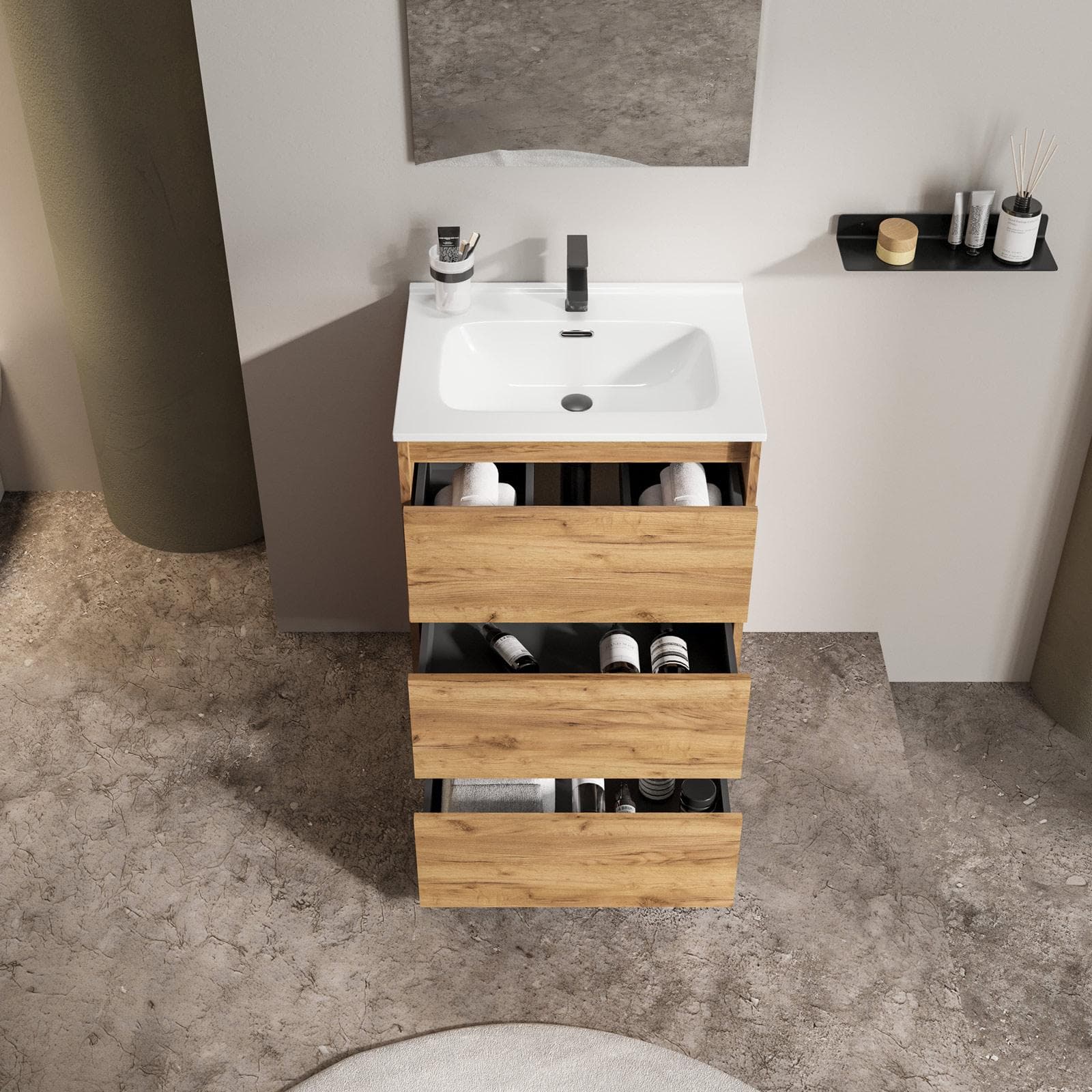 Mobile bagno a terra 60 cm con tre cassetti rovere africa con lavabo e specchio - Libras