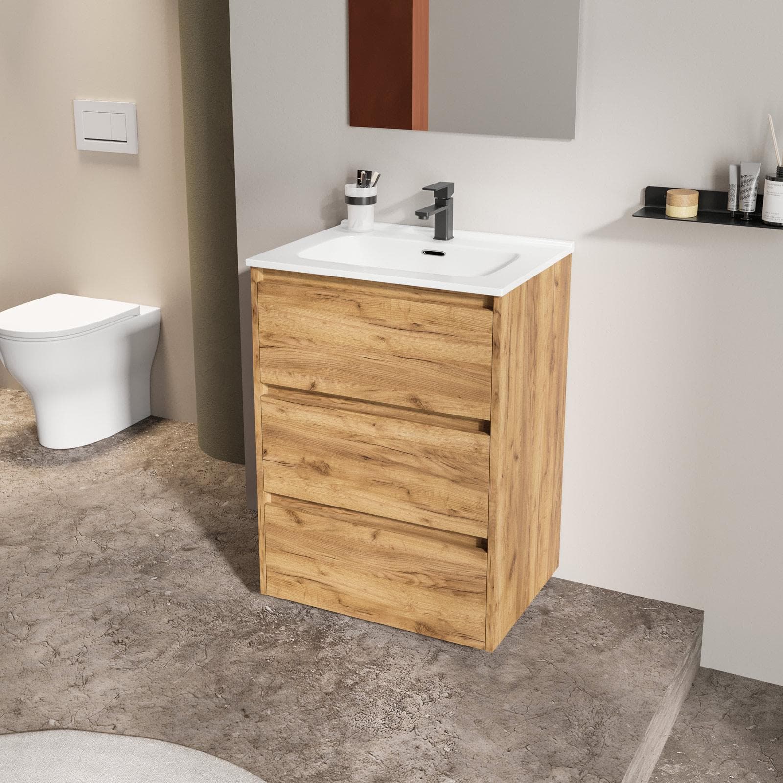 Mobile bagno a terra 60 cm con tre cassetti rovere africa con lavabo e specchio - Libras