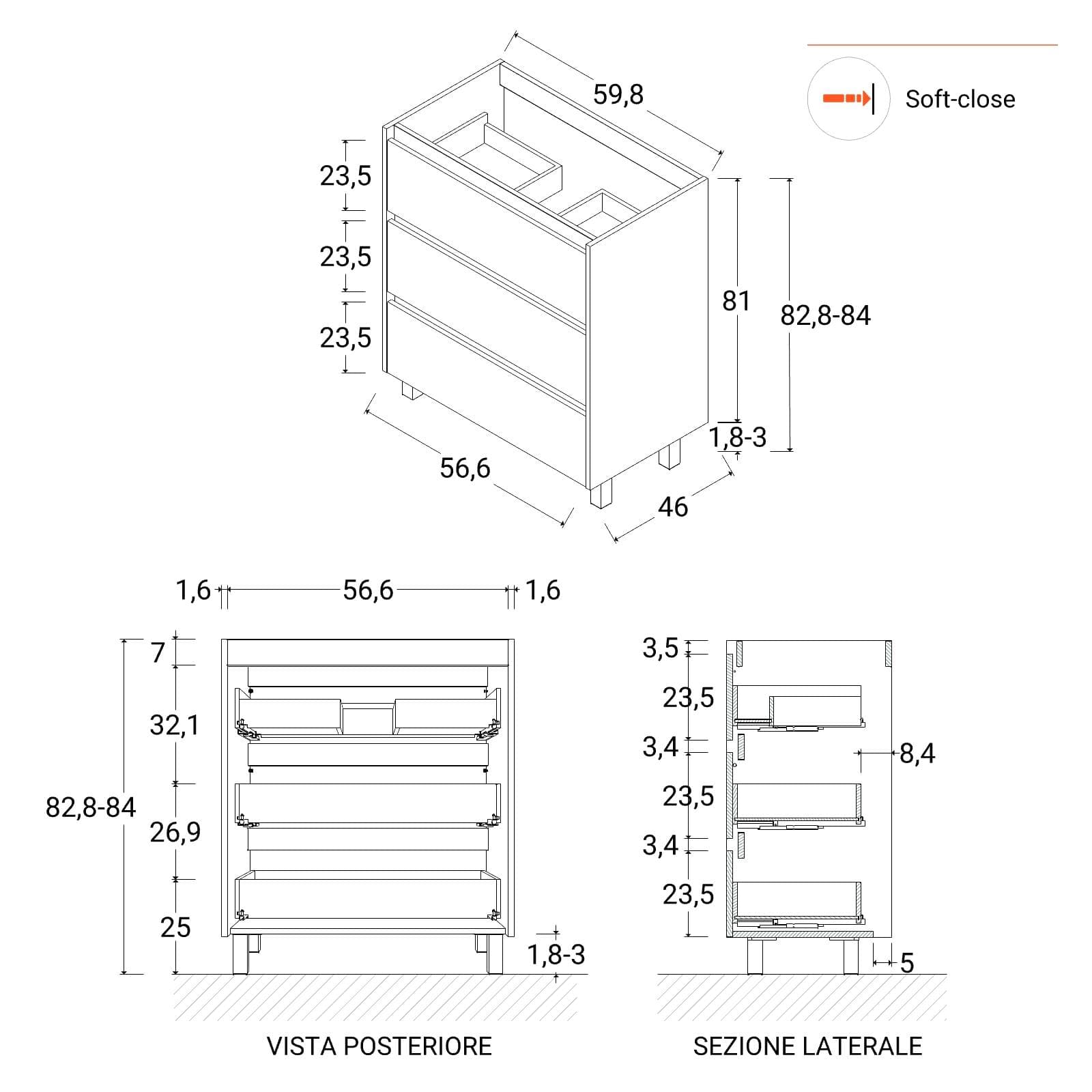 Mobile bagno a terra 60 cm con tre cassetti rovere africa con lavabo e specchio - Libras