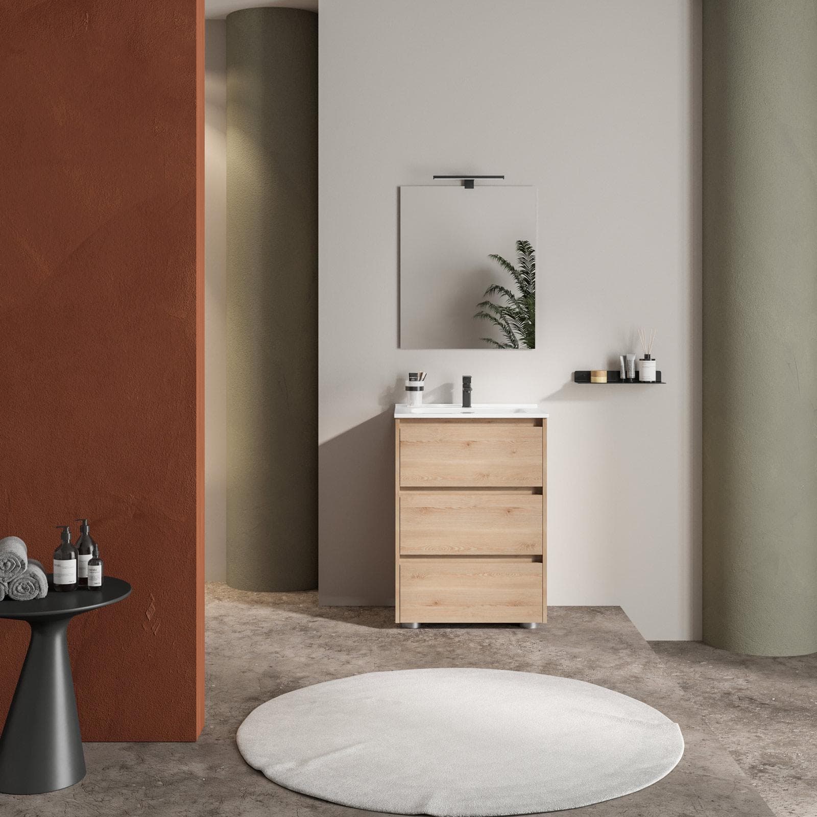 Mobile bagno a terra 60 cm con tre cassetti rovere atlas con lavabo e specchio - Libras