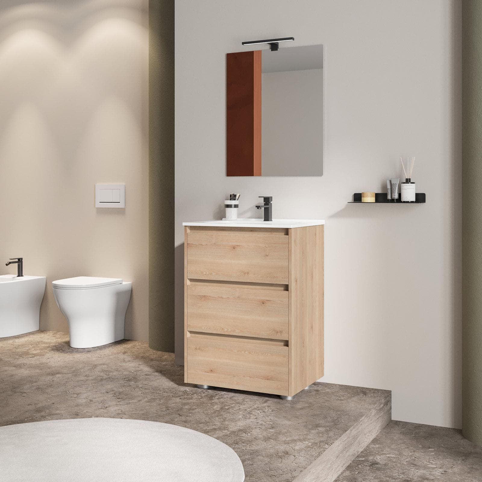 Mobile bagno a terra 60 cm con tre cassetti rovere atlas con lavabo e specchio - Libras