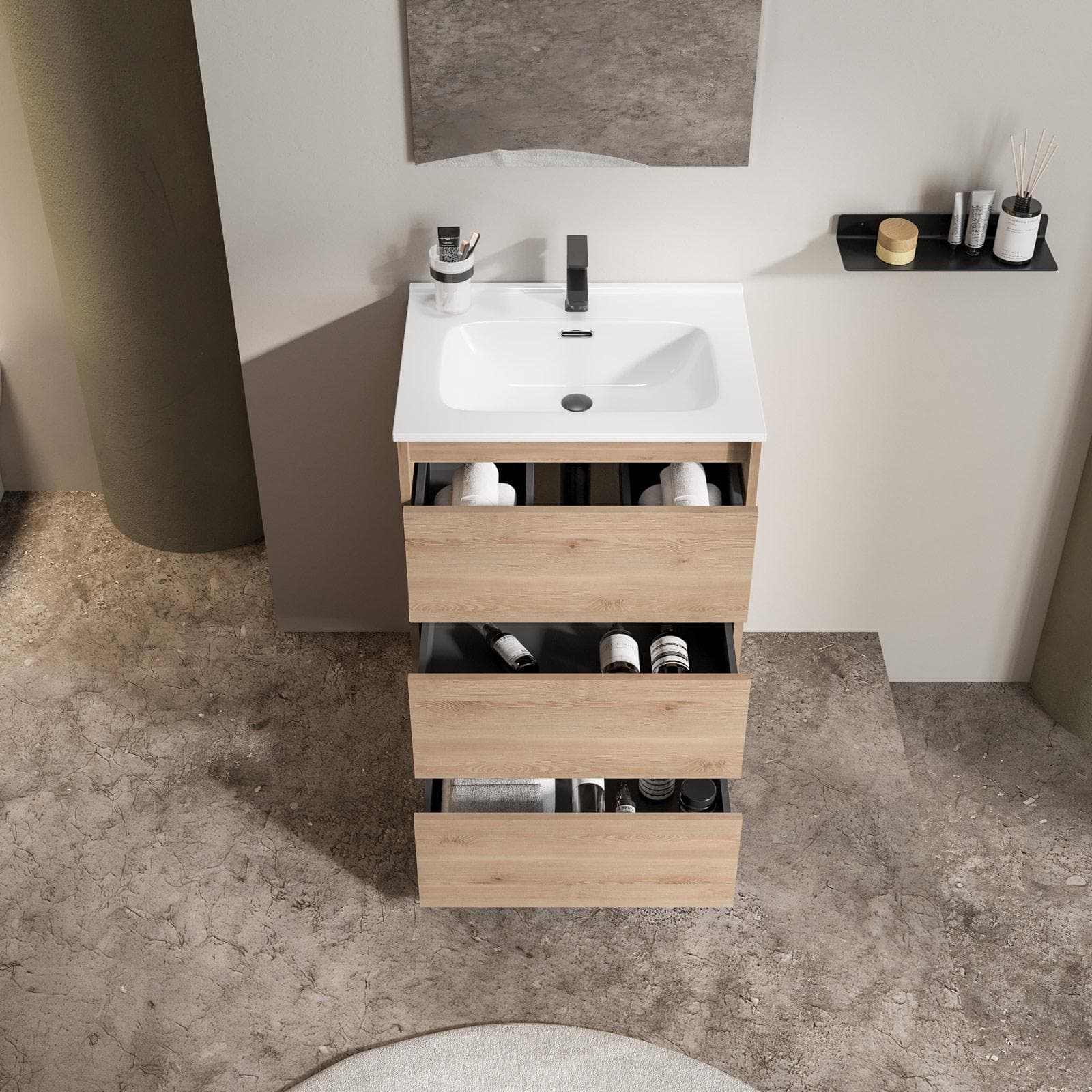 Mobile bagno a terra 60 cm con tre cassetti rovere atlas con lavabo e specchio - Libras