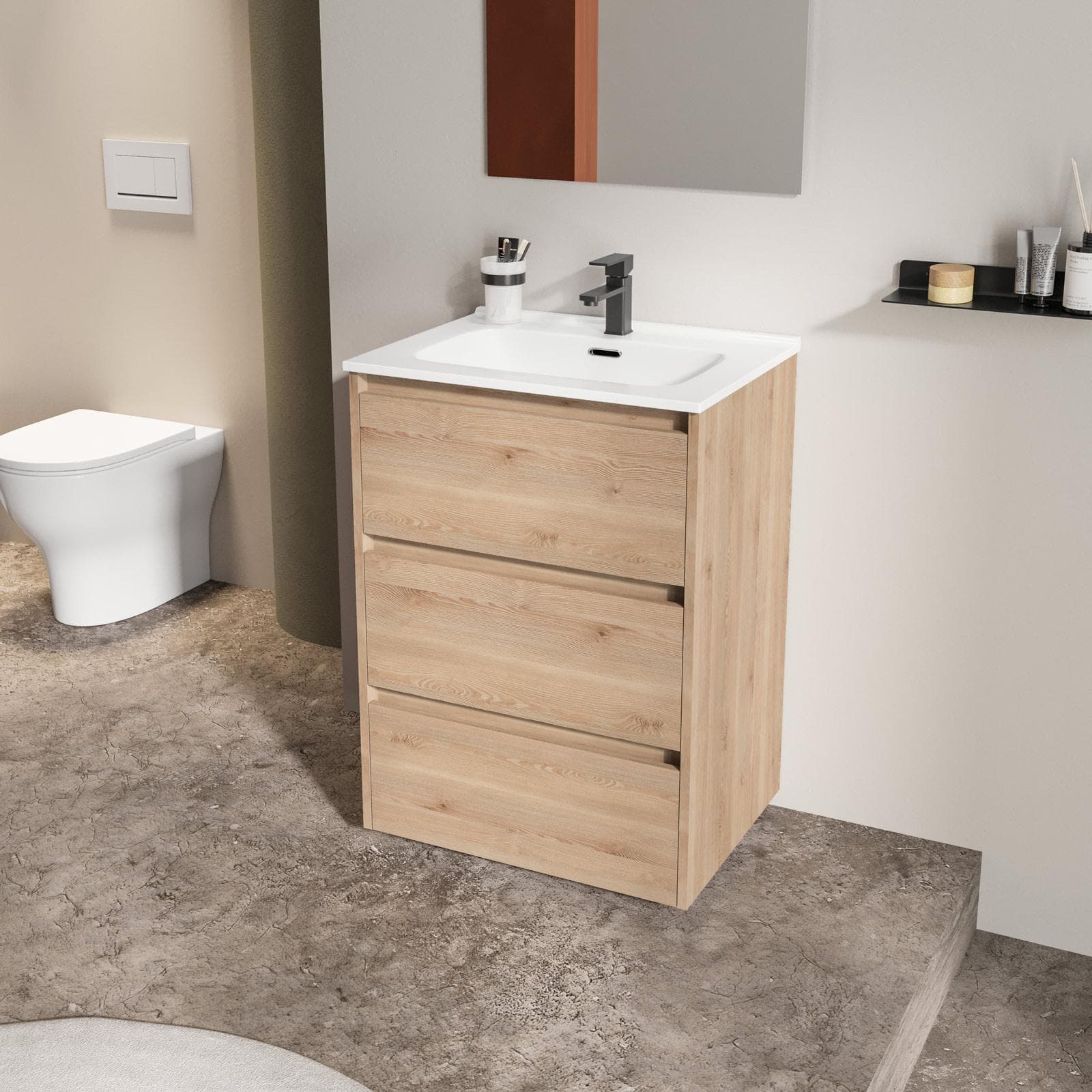 Mobile bagno a terra 60 cm con tre cassetti rovere atlas con lavabo e specchio - Libras