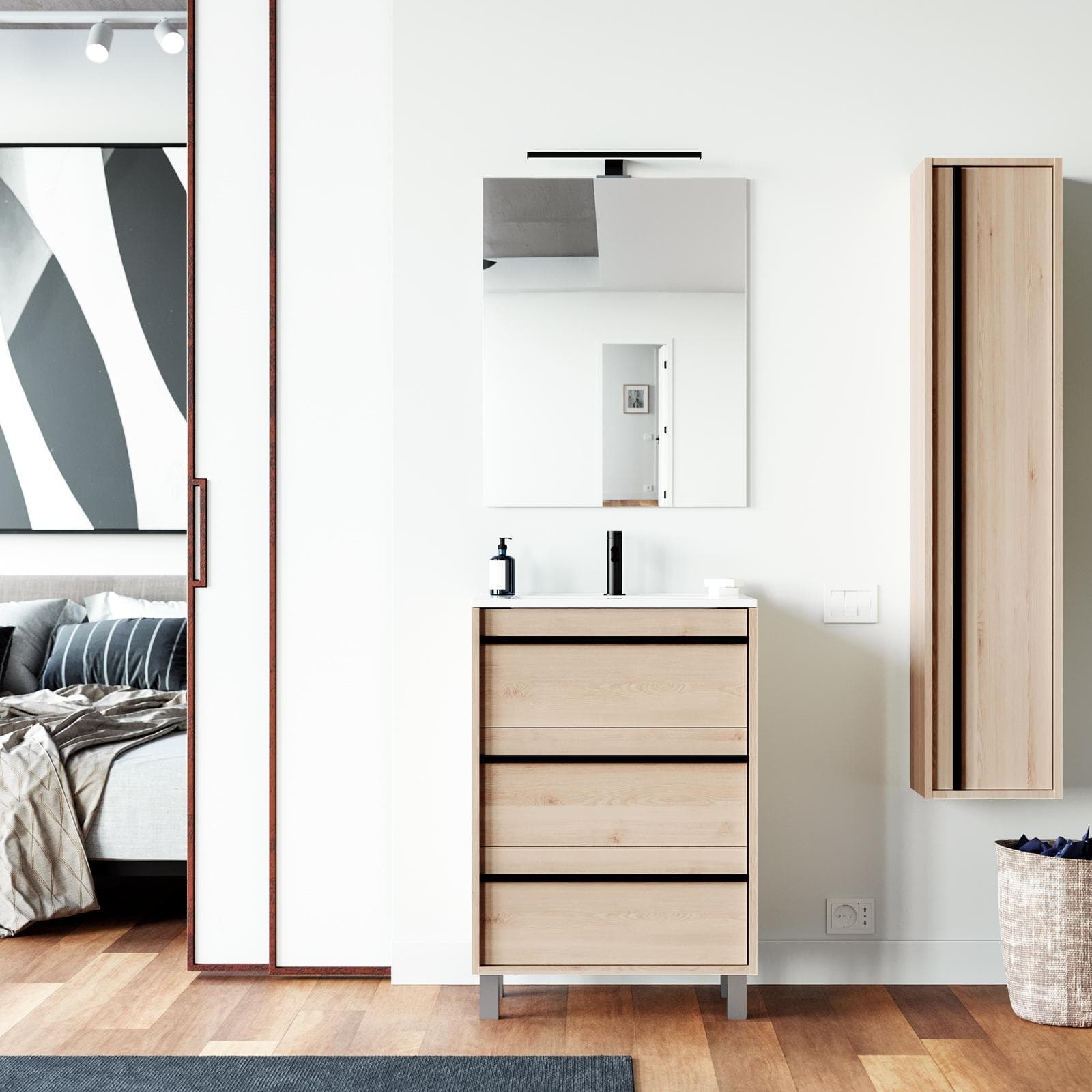 Mobile bagno a terra 60 cm rovere atlas con lavabo e specchio - Maestro