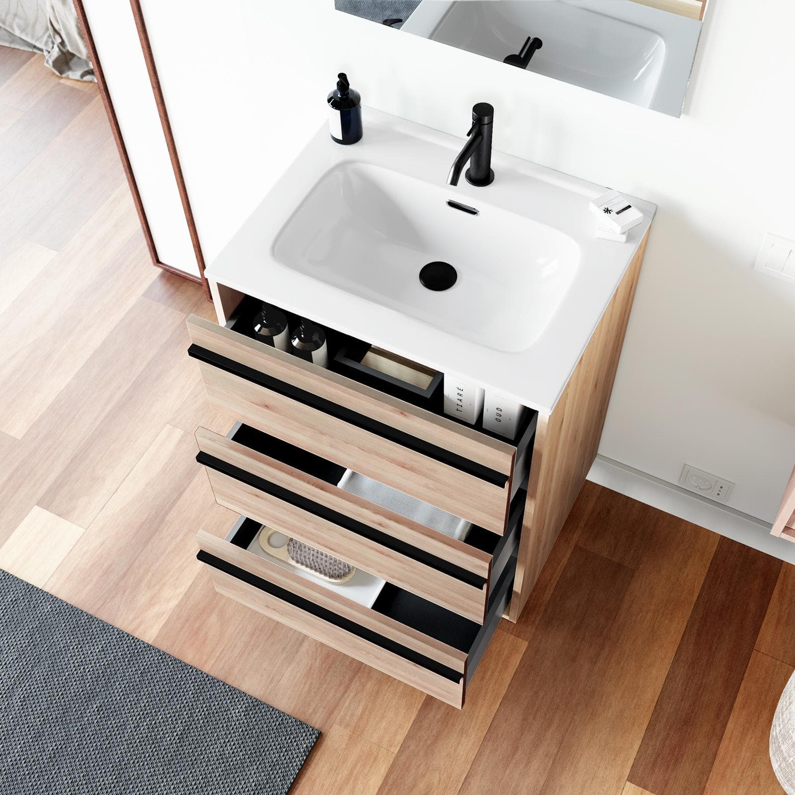 Mobile bagno a terra 60 cm rovere atlas con lavabo e specchio - Maestro