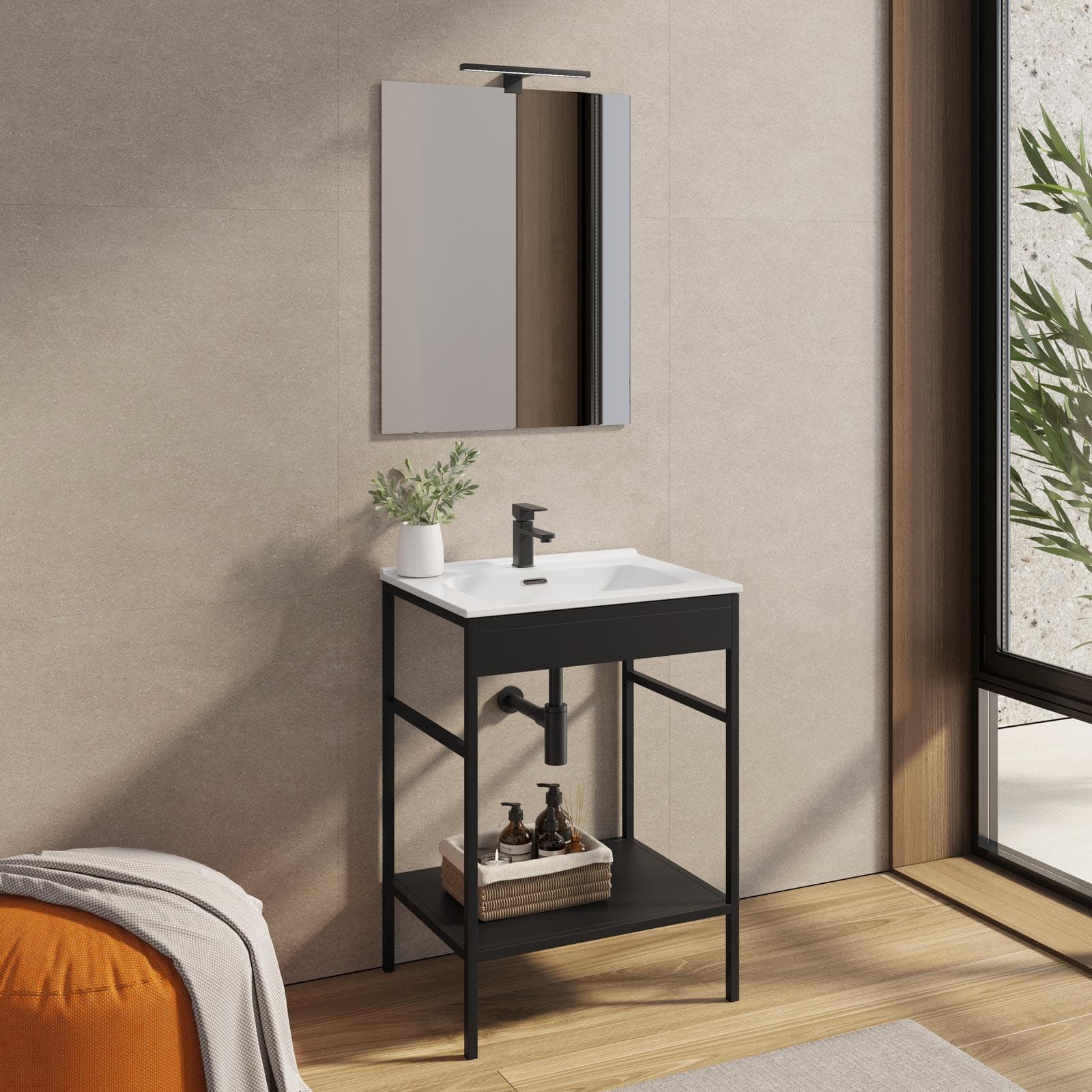 Mobile bagno a terra 60 cm nero opaco con lavabo integrato e specchio - Axis