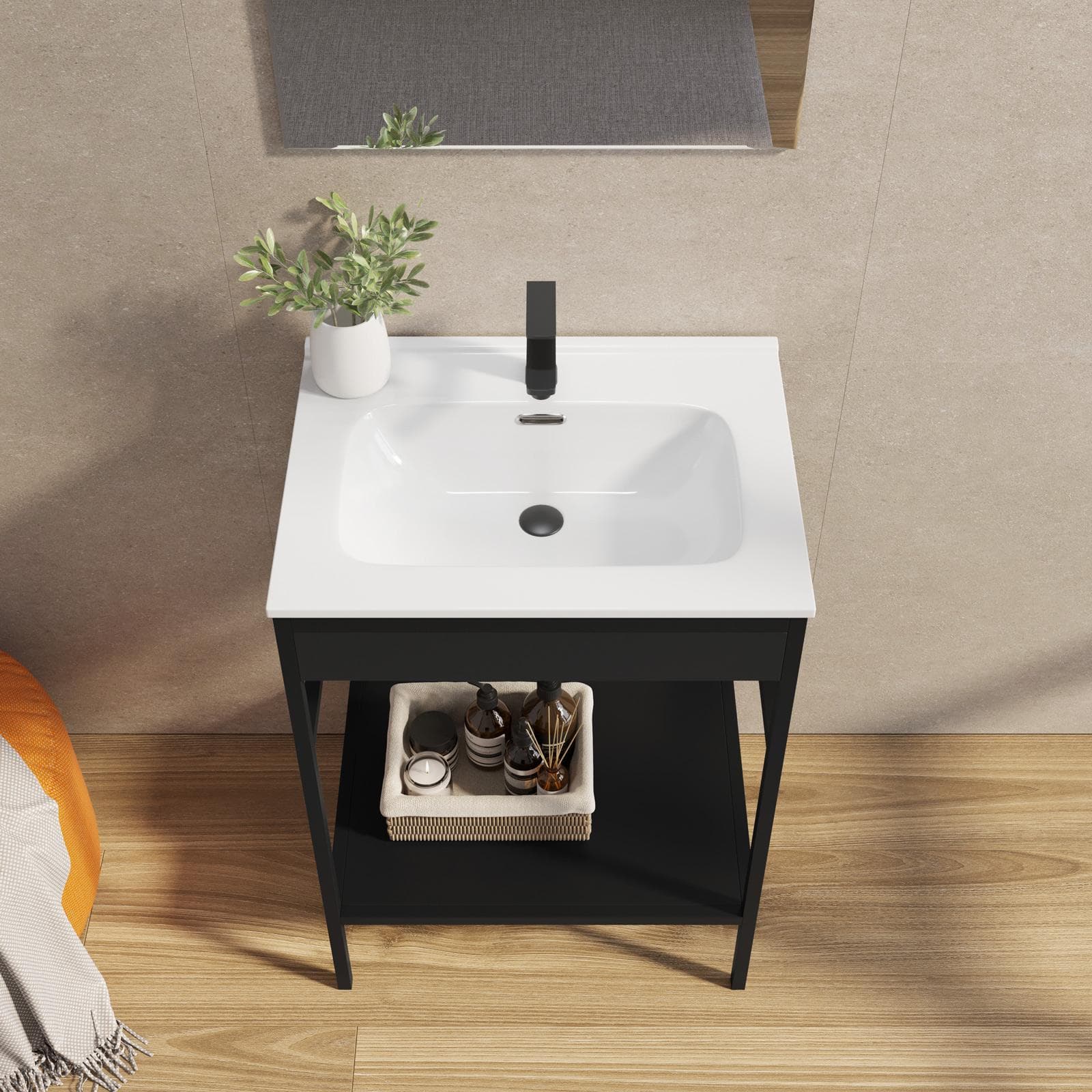Mobile bagno a terra 60 cm nero opaco con lavabo integrato e specchio - Axis