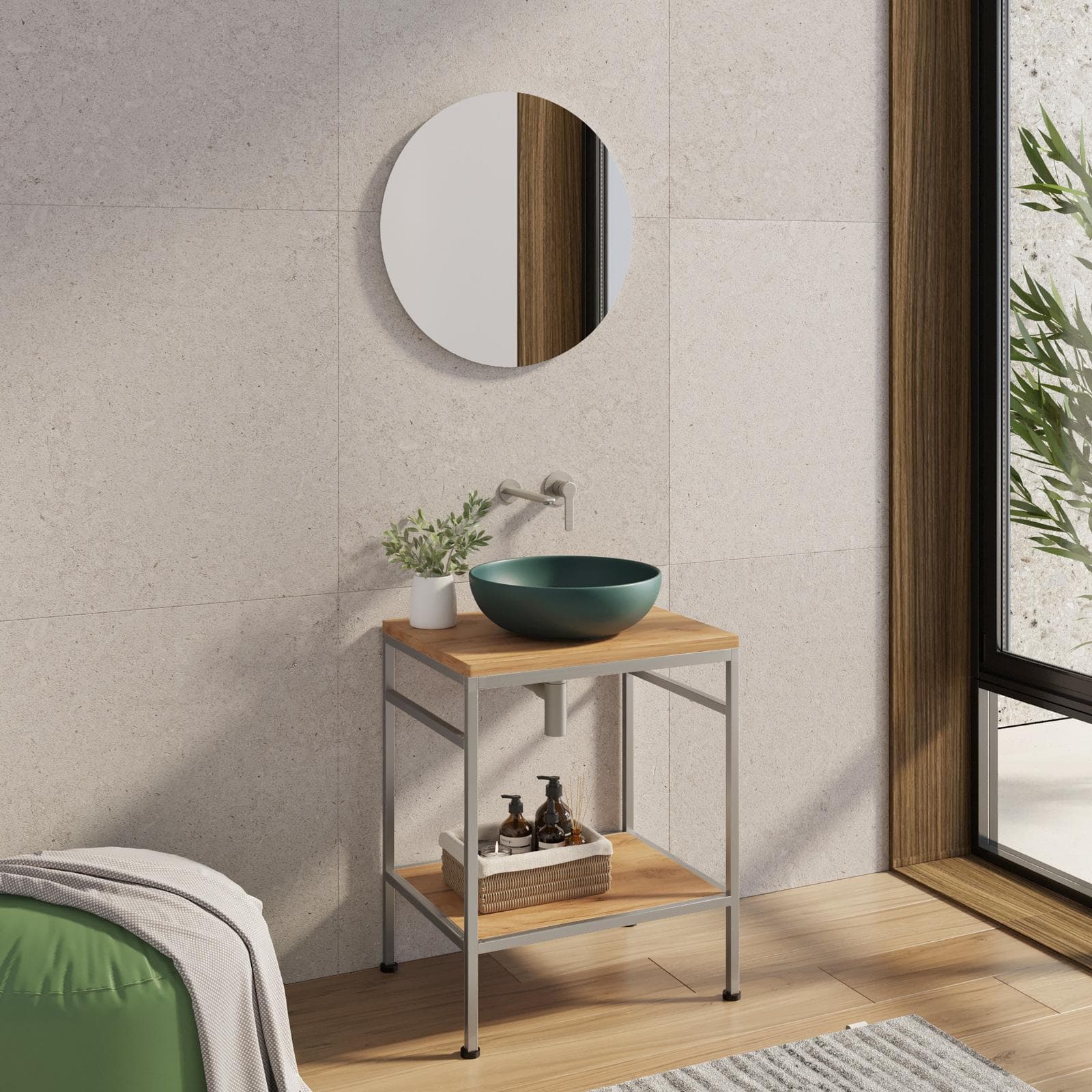 Mobile bagno a terra 60 cm portalavabo acciaio inox satinato e rovere con specchio - Axis