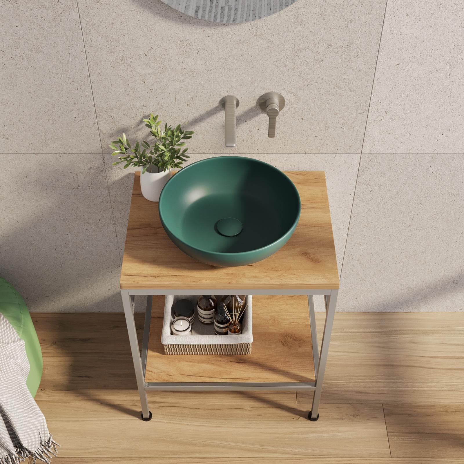 Mobile bagno a terra 60 cm portalavabo acciaio inox satinato e rovere con specchio - Axis