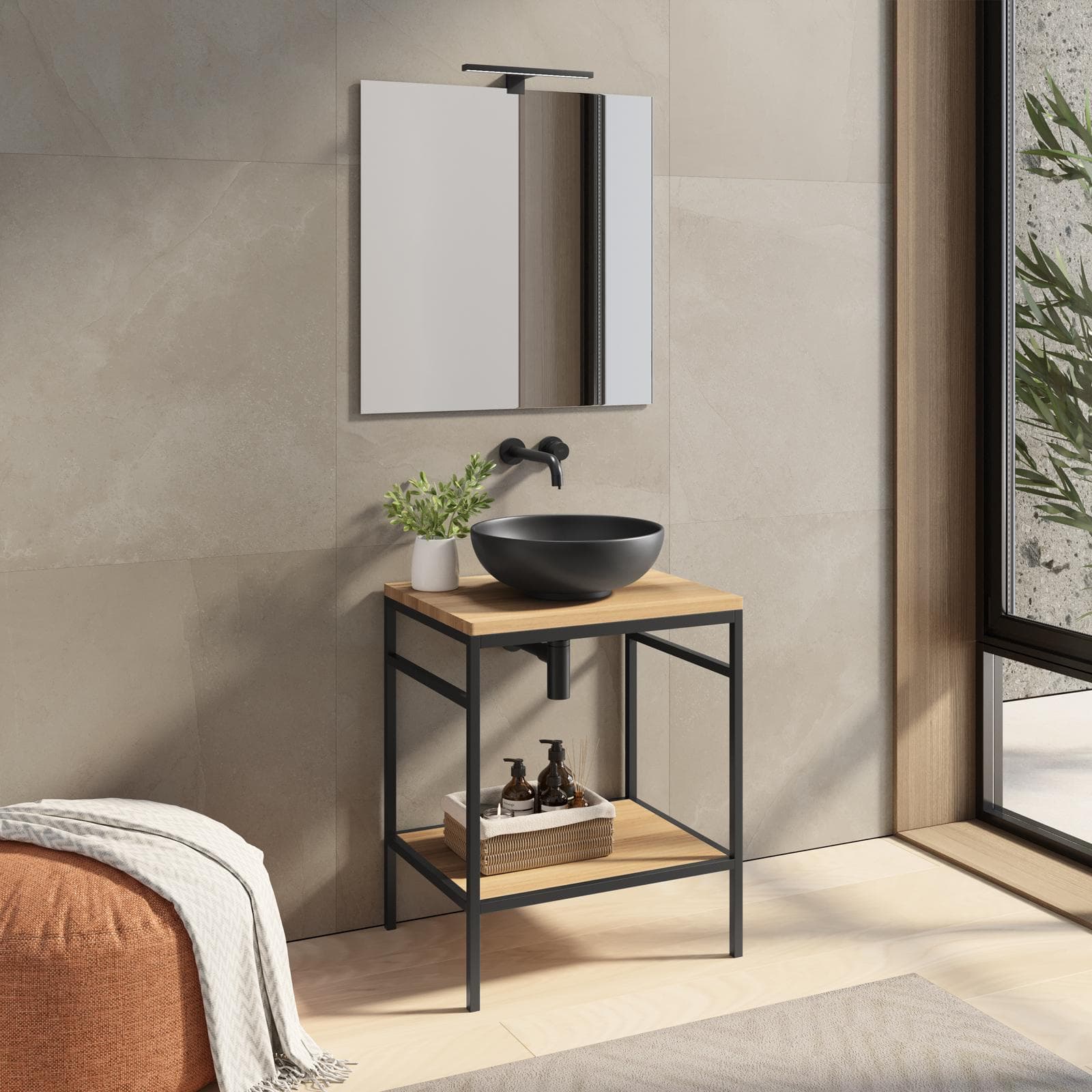 Mobile bagno a terra 60 cm portalavabo nero e rovere con specchio - Axis