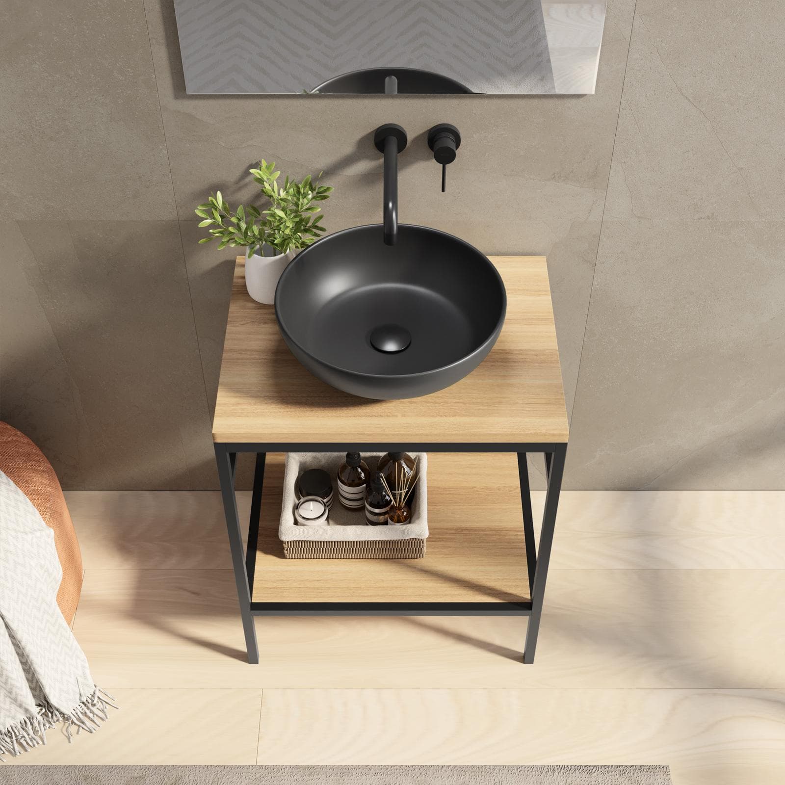 Mobile bagno a terra 60 cm portalavabo nero e rovere con specchio - Axis