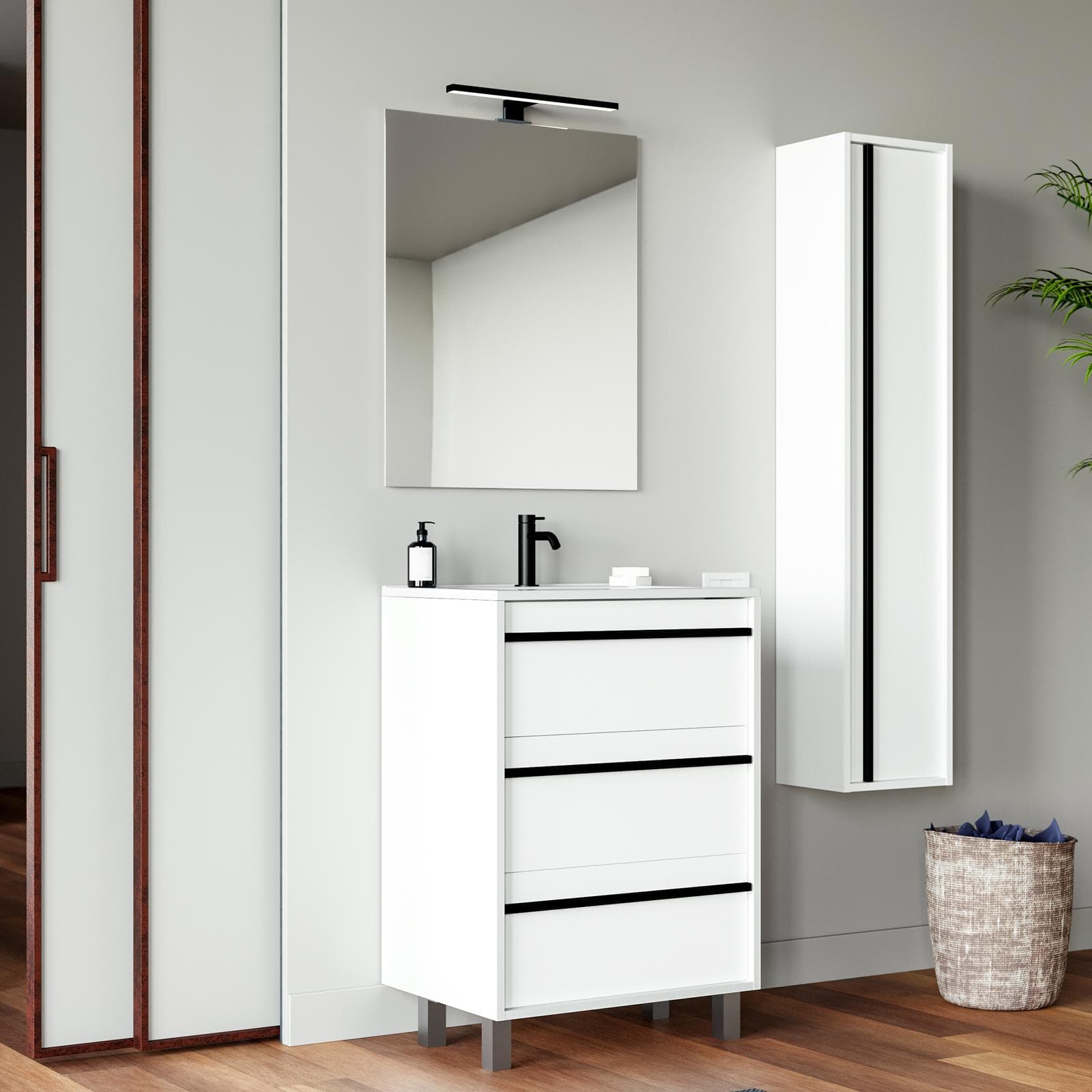 Mobile bagno a terra 60 cm white satinato con lavabo e specchio - Maestro
