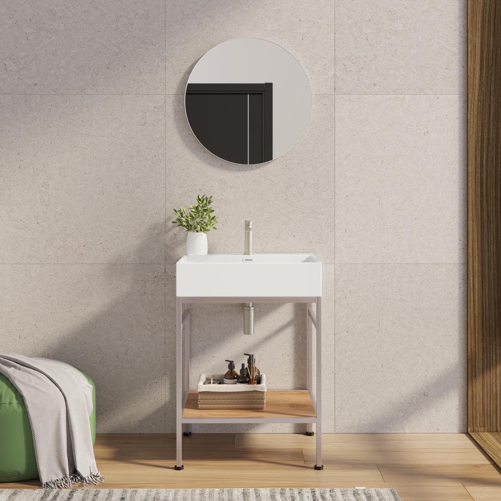 Mobile bagno a terra 70 cm champagne spazzolato e rovere con top lavabo e specchio - Axis