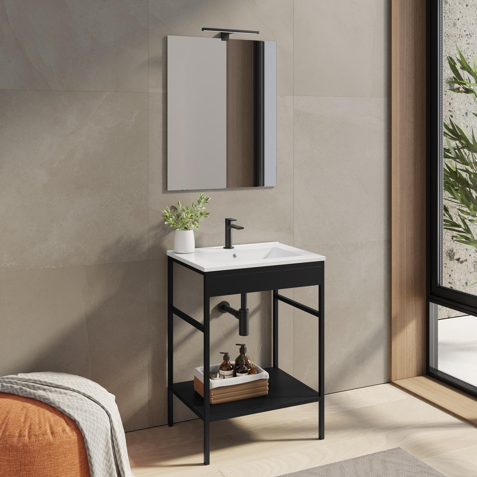 Mobile bagno a terra 70 cm nero con lavabo integrato e specchio - Axis