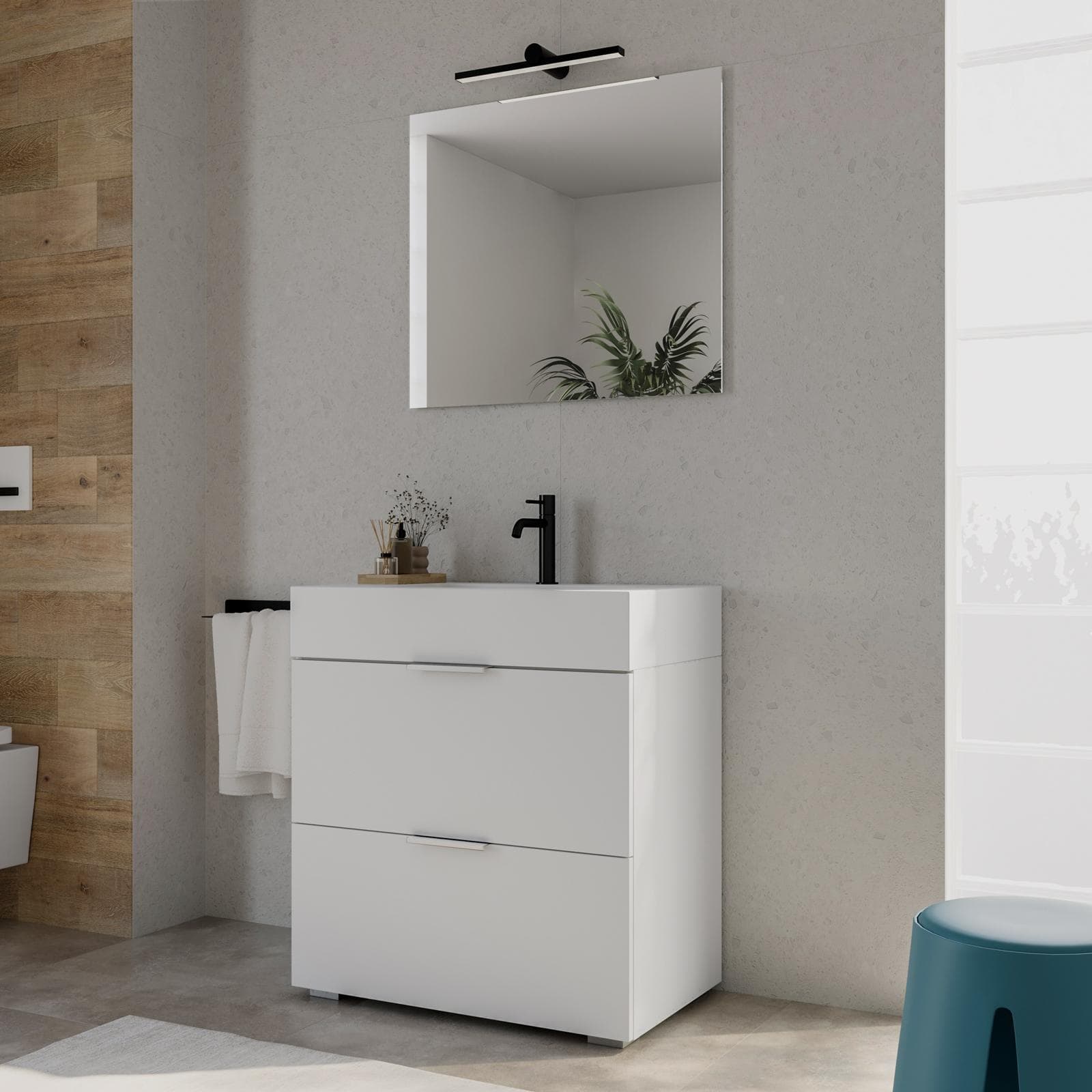 Mobile bagno a terra 80 cm 2 cassetti bianco opaco con lavabo alto e specchio - Company
