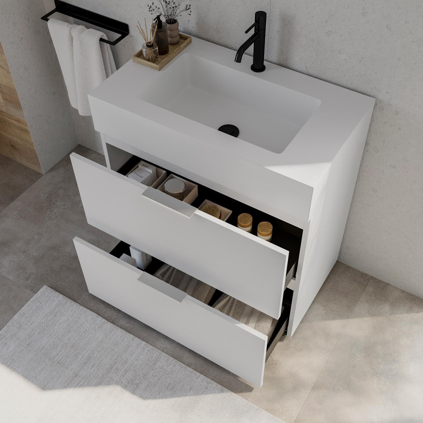 Mobile bagno a terra 80 cm 2 cassetti bianco opaco con lavabo alto e specchio - Company