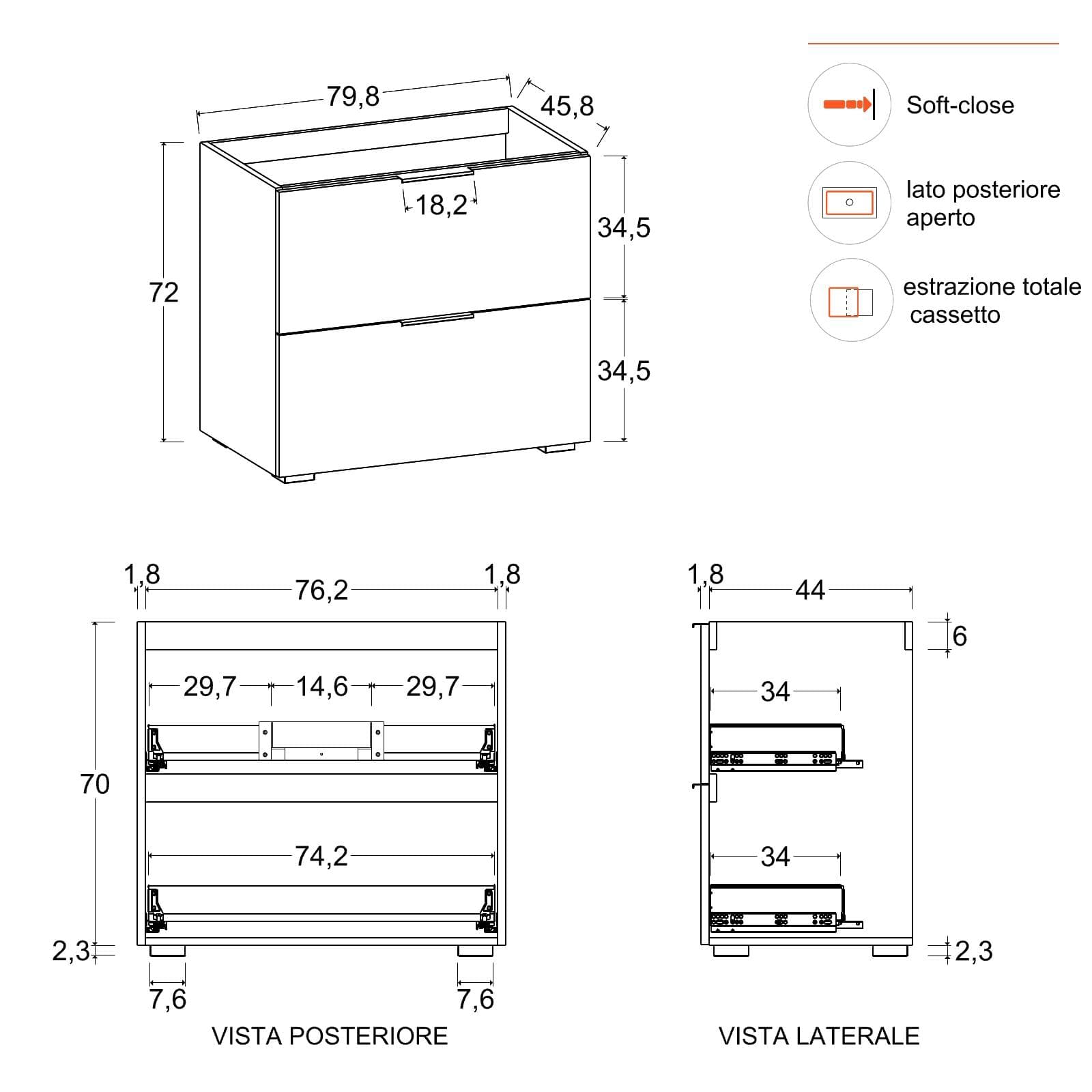 Mobile bagno a terra 80 cm 2 cassetti bianco opaco con lavabo alto e specchio - Company