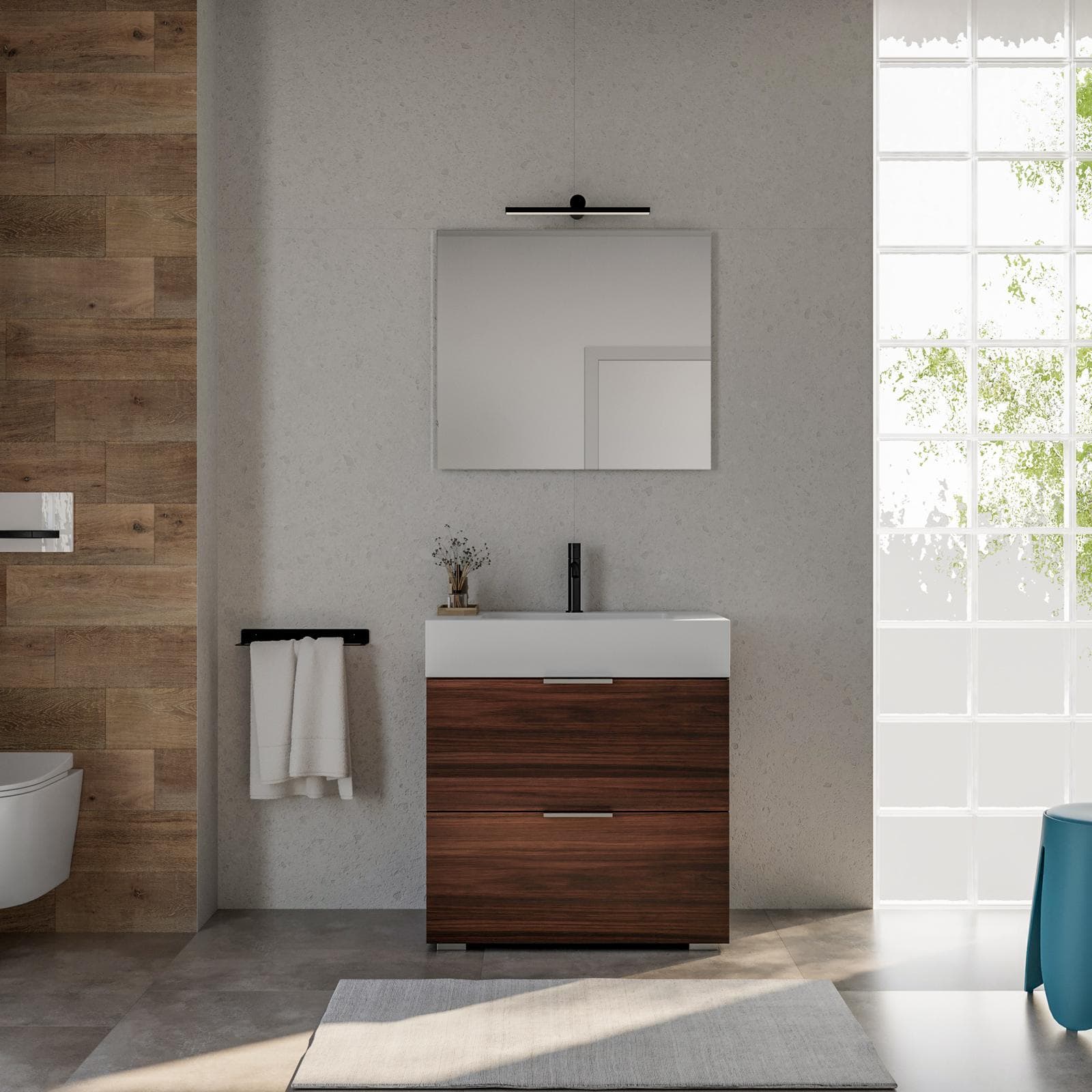 Mobile bagno a terra 80 cm 2 cassetti rovere deciso con lavabo alto e specchio - Company