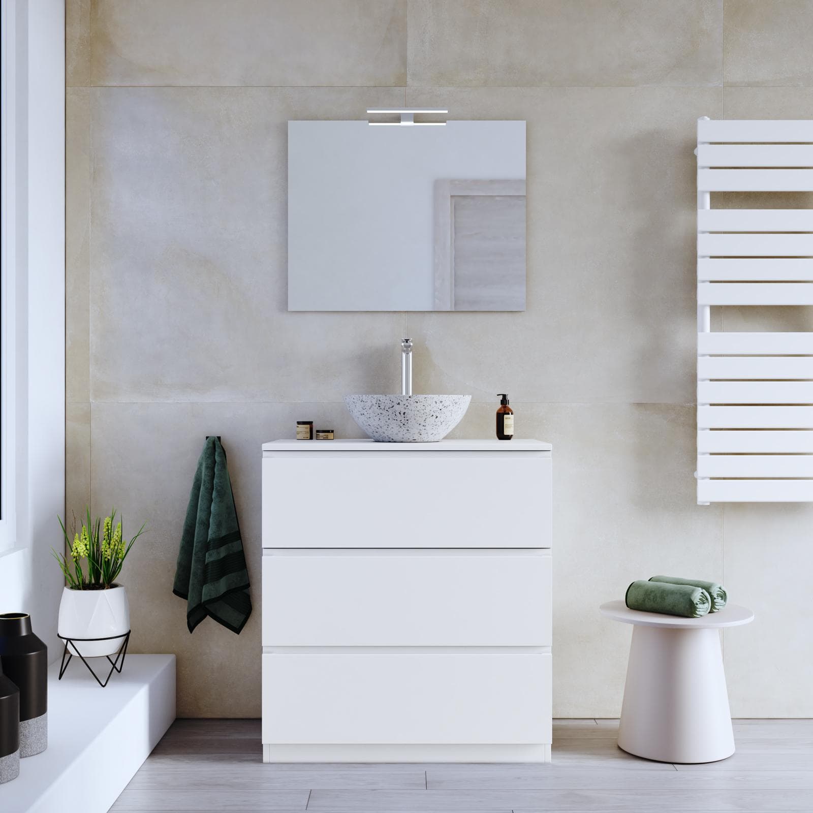 Mobile bagno a terra 80 cm 3 cassetti bianco opaco con top e specchio - Calen
