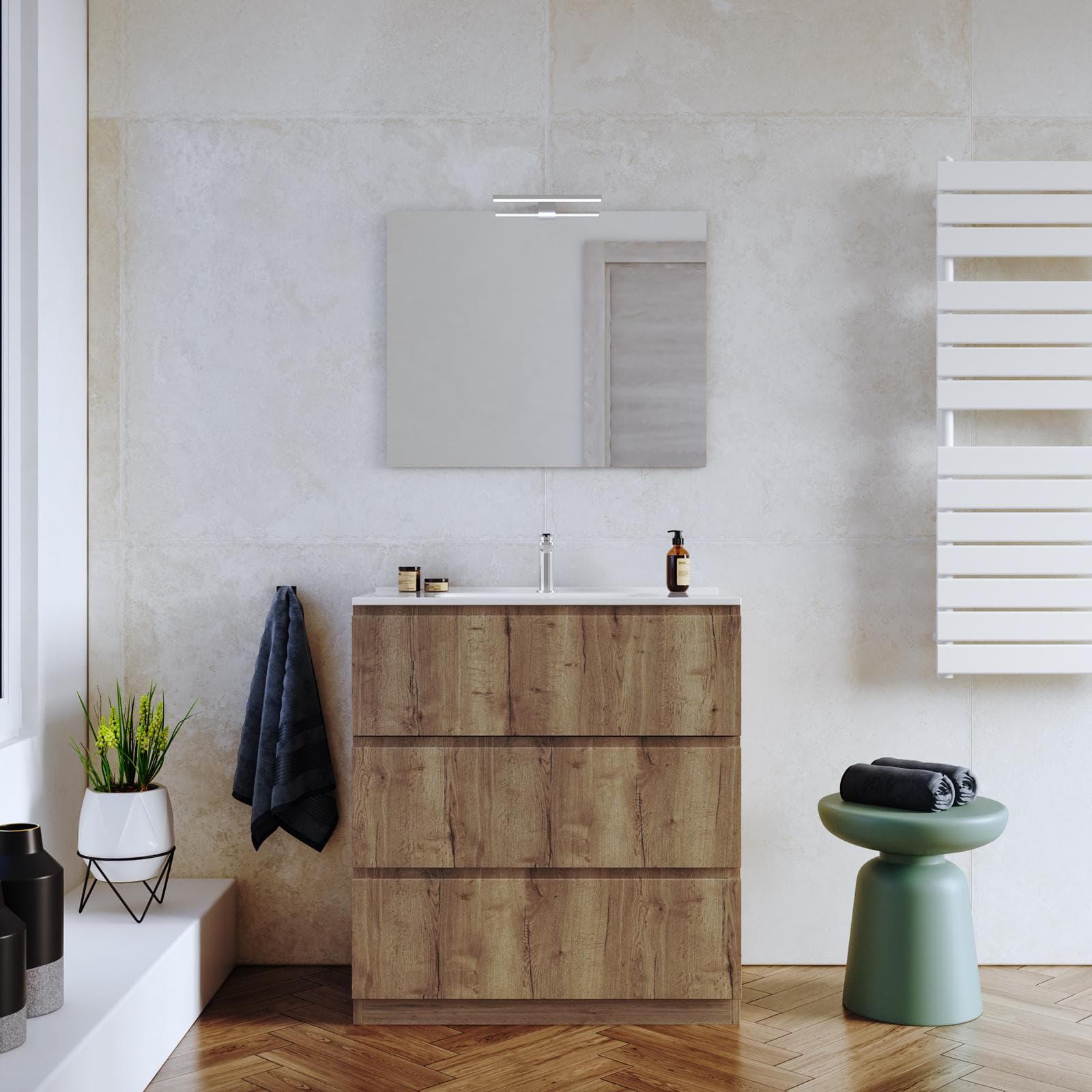 Mobile bagno a terra 80 cm 3 cassetti rovere america con lavabo e specchio - Calen