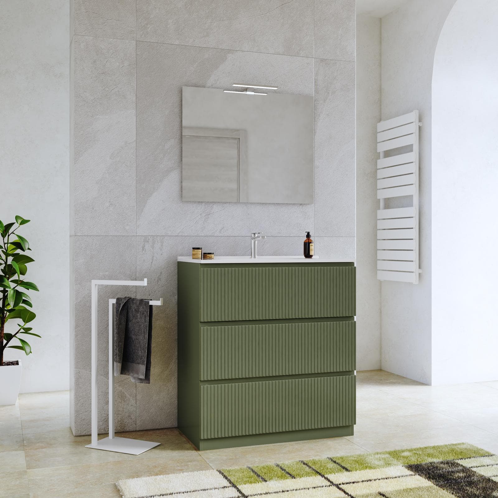 Mobile bagno a terra 80 cm 3 cassetti verde nordico cannettato con lavabo e specchio - Calen Plus