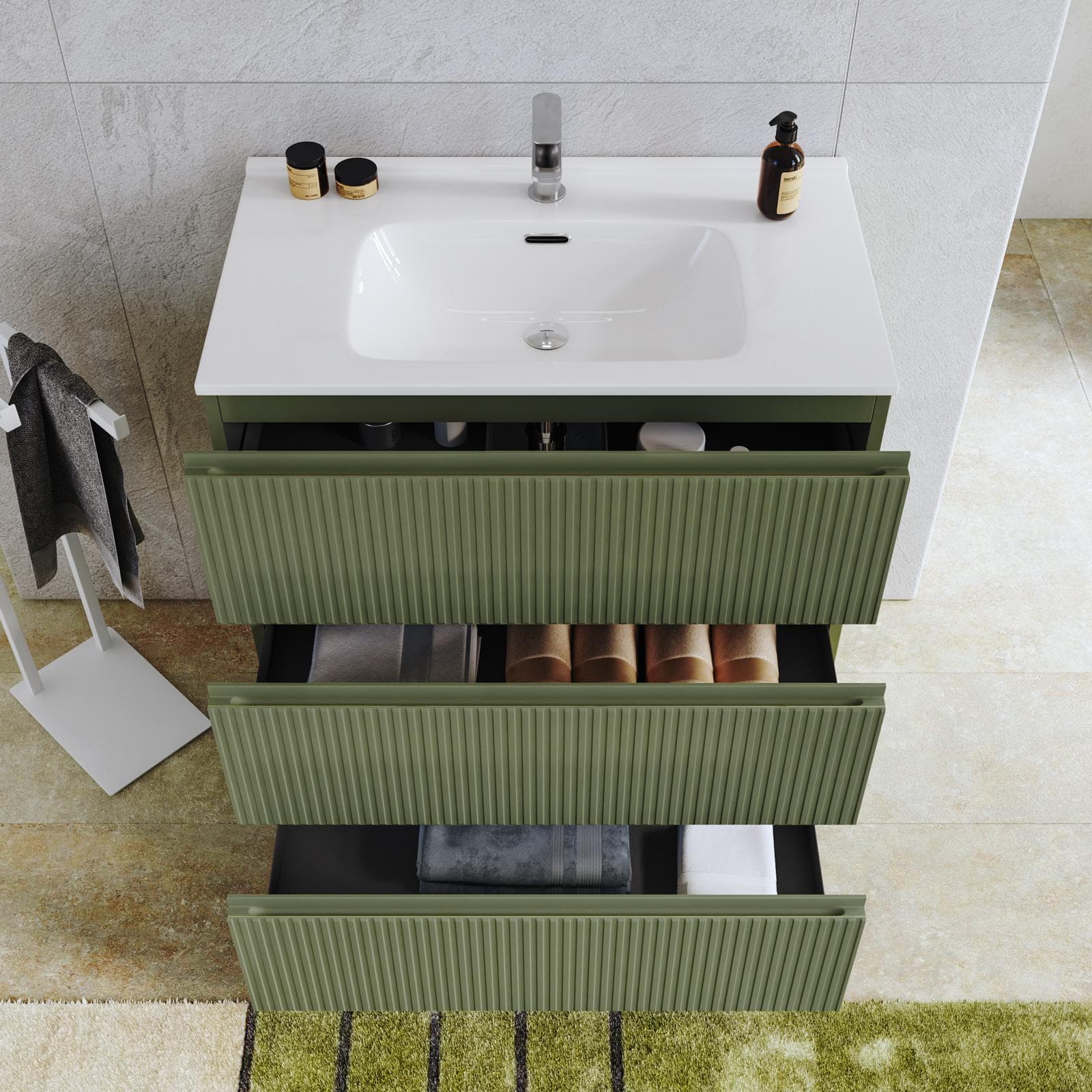 Mobile bagno a terra 80 cm 3 cassetti verde nordico cannettato con lavabo e specchio - Calen Plus