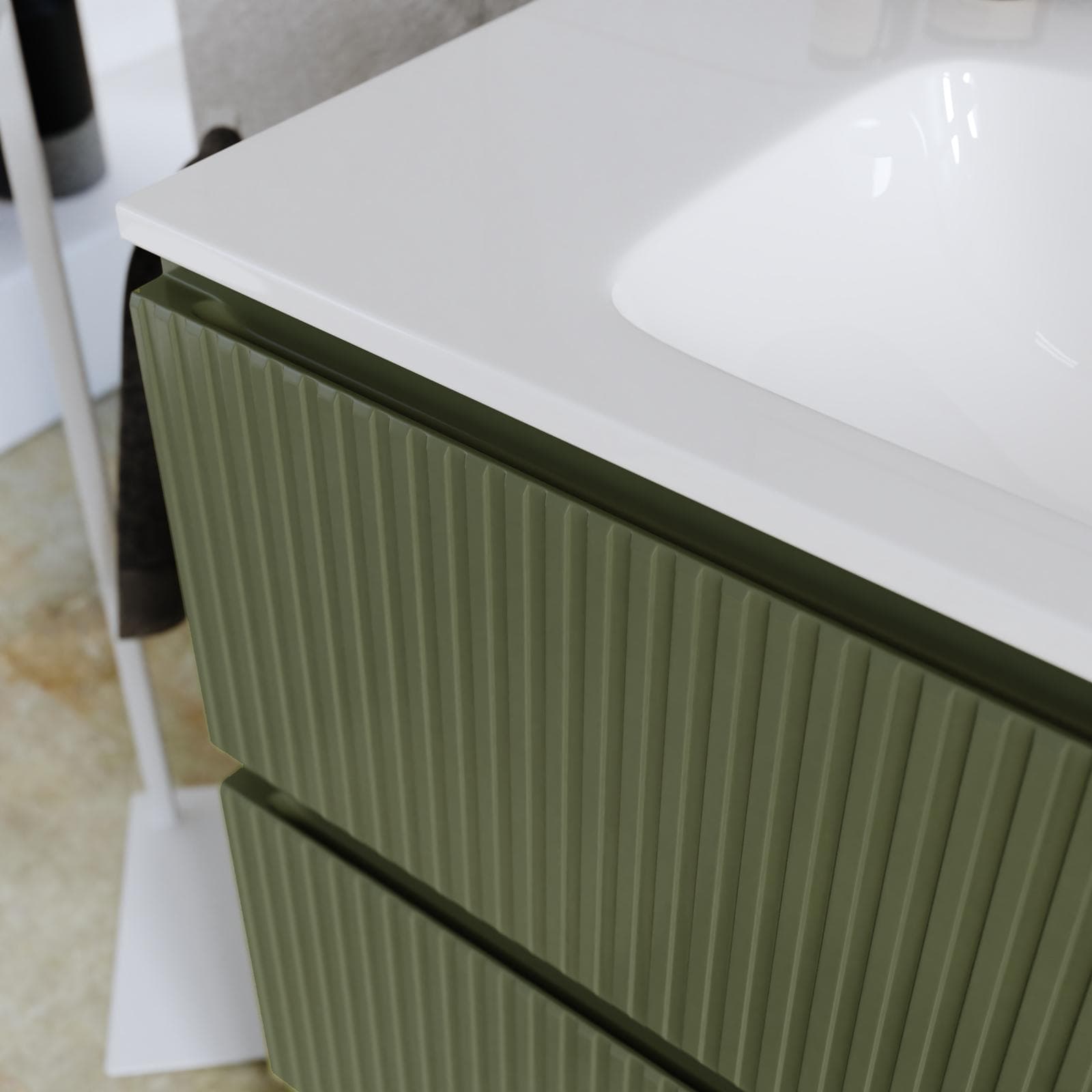 Mobile bagno a terra 80 cm 3 cassetti verde nordico cannettato con lavabo e specchio - Calen Plus