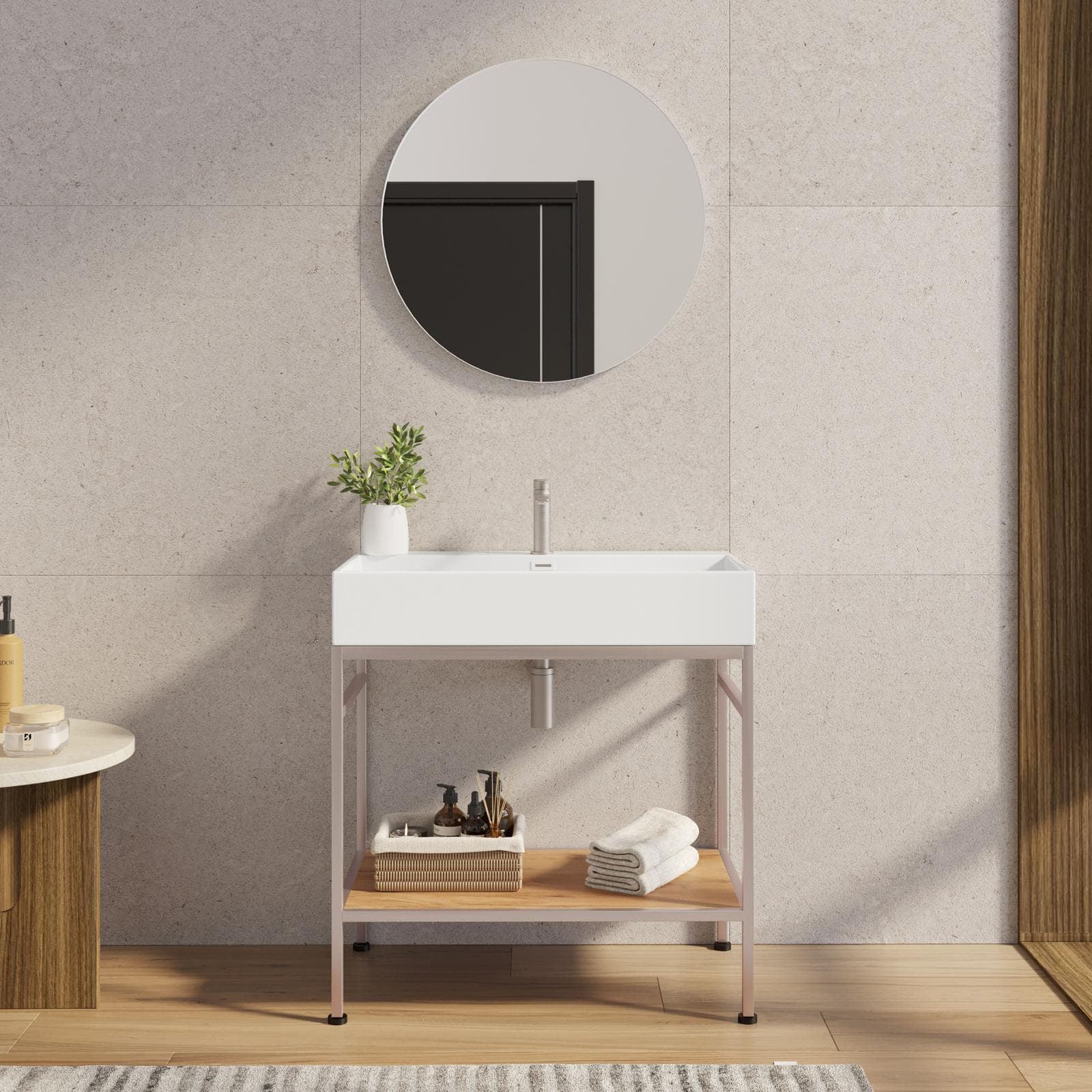 Mobile bagno a terra 80 cm champagne spazzolato e rovere con top lavabo e specchio - Axis