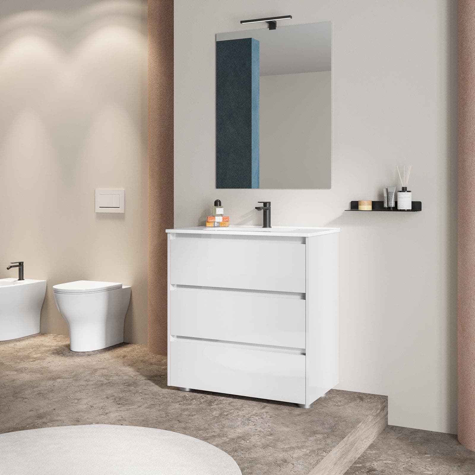 Mobile bagno a terra 80 cm con tre cassetti bianco lucido con lavabo e specchio - Libras