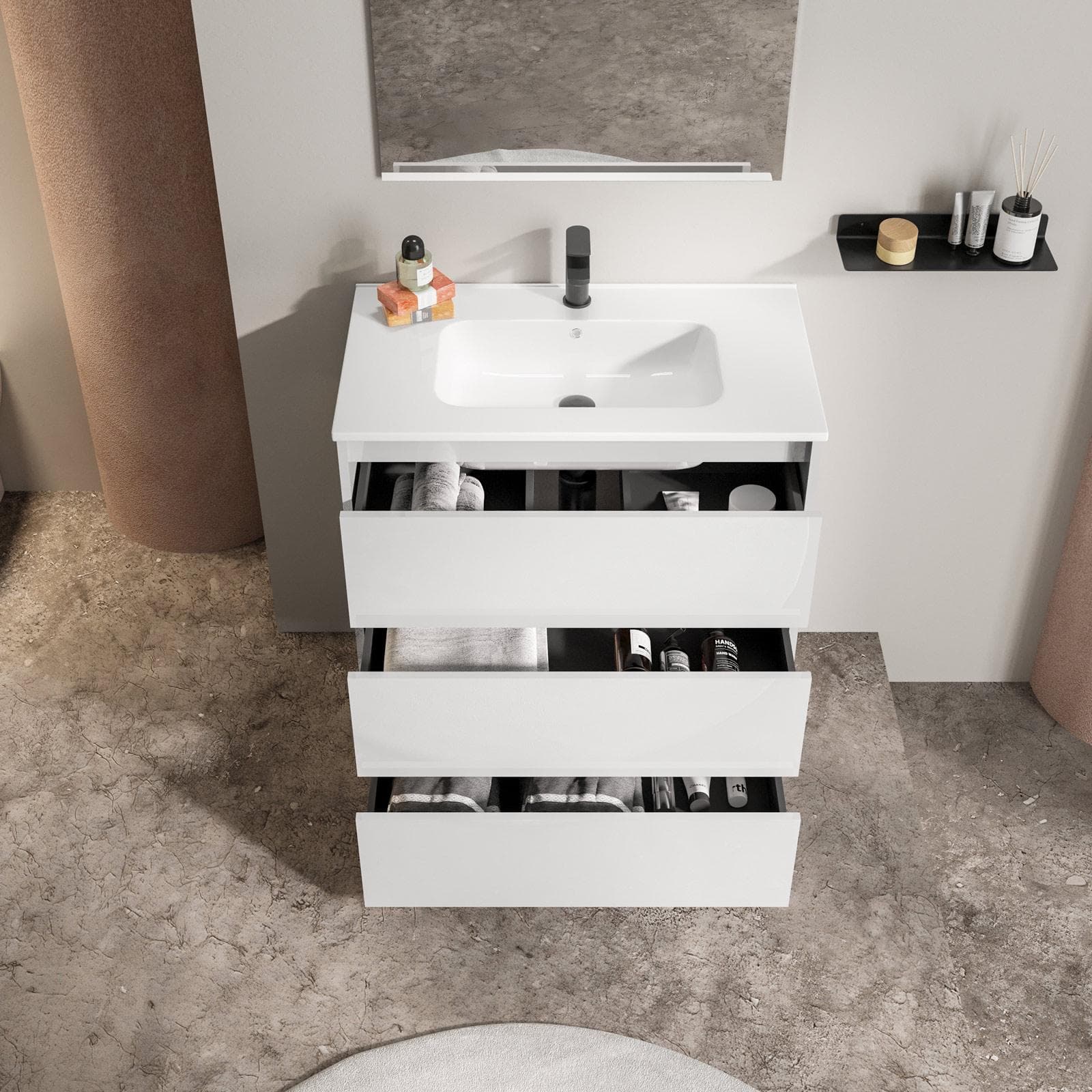 Mobile bagno a terra 80 cm con tre cassetti bianco lucido con lavabo e specchio - Libras