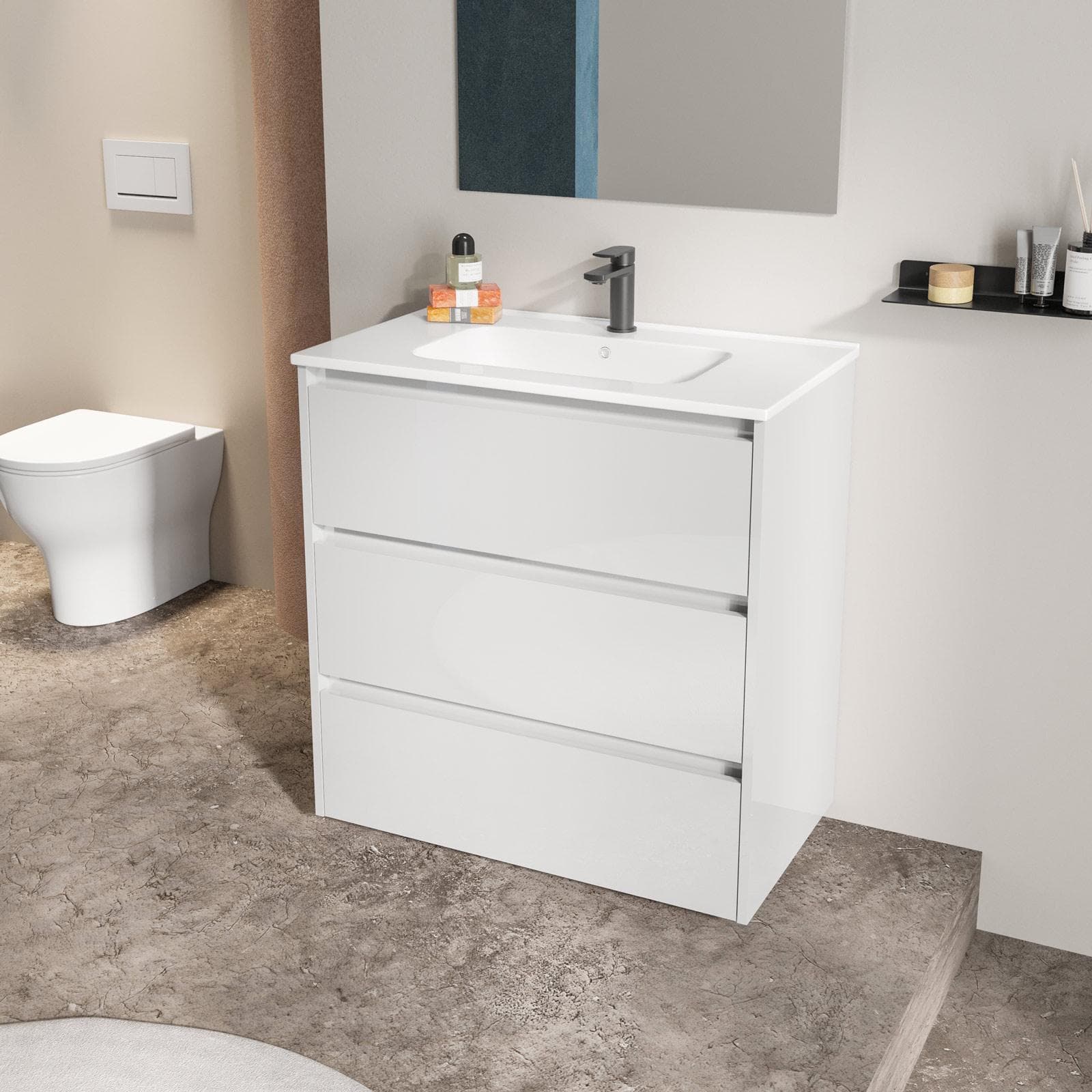Mobile bagno a terra 80 cm con tre cassetti bianco lucido con lavabo e specchio - Libras