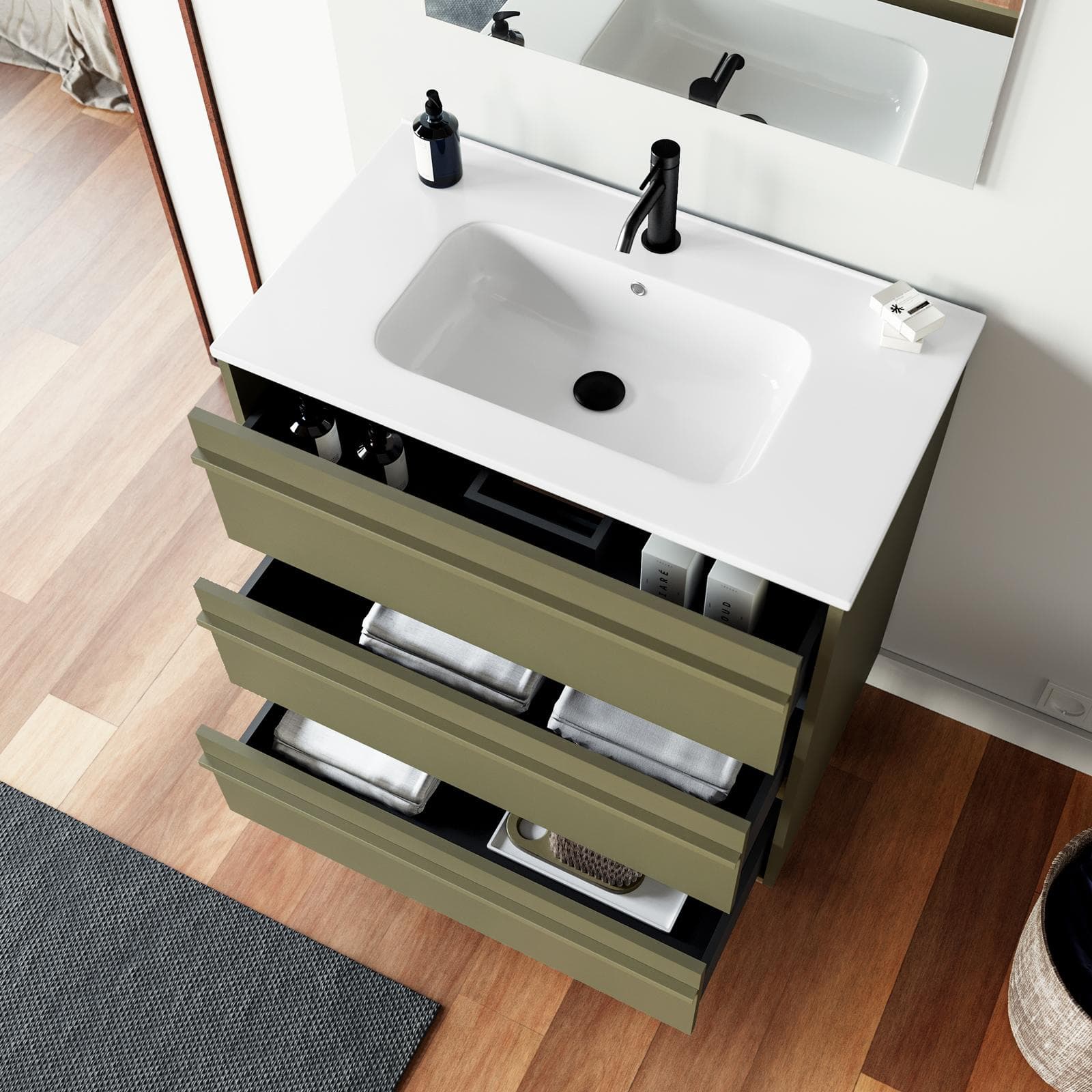 Mobile bagno a terra 80 cm green satinato con lavabo e specchio - Maestro