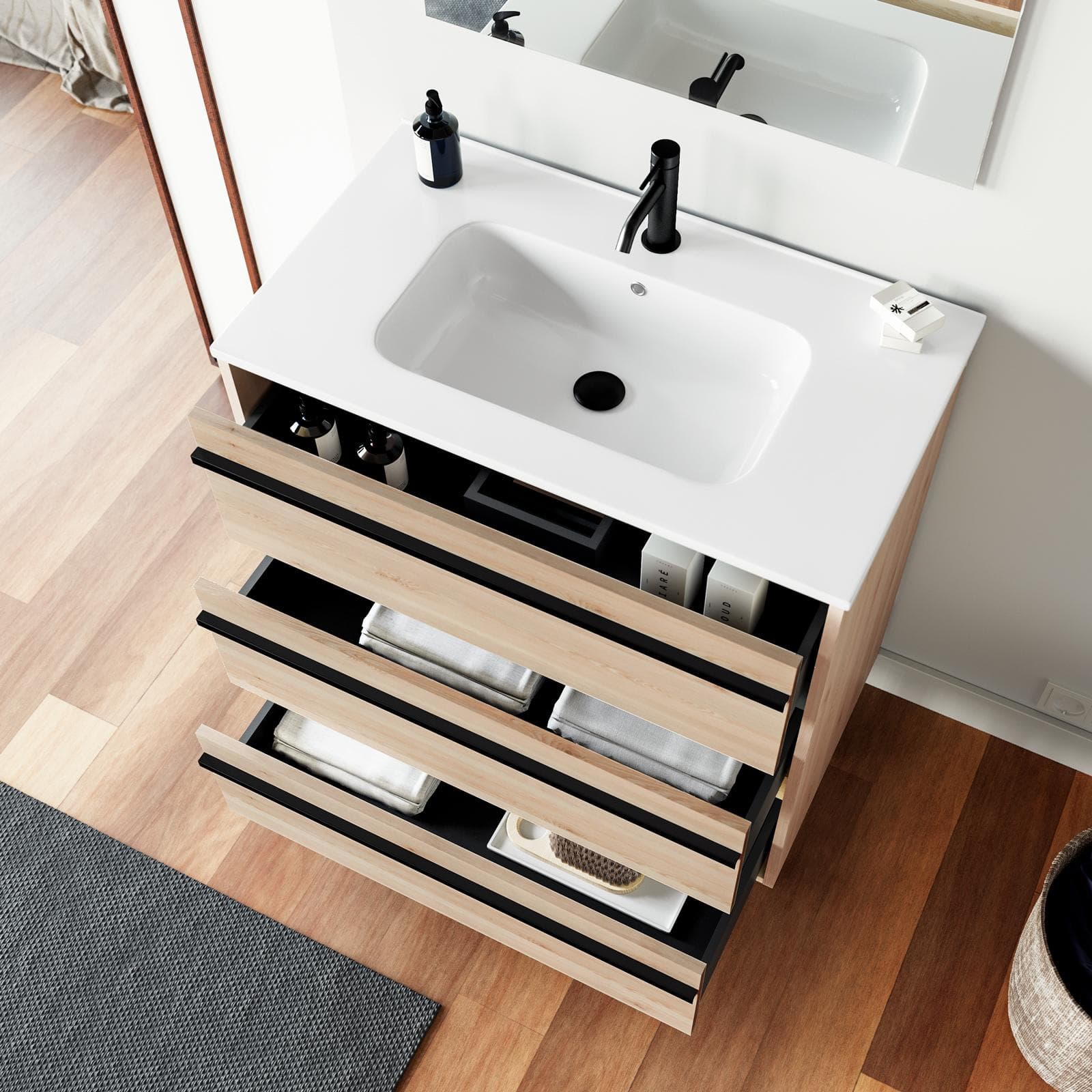 Mobile bagno a terra 80 cm rovere atlas con lavabo e specchio - Maestro